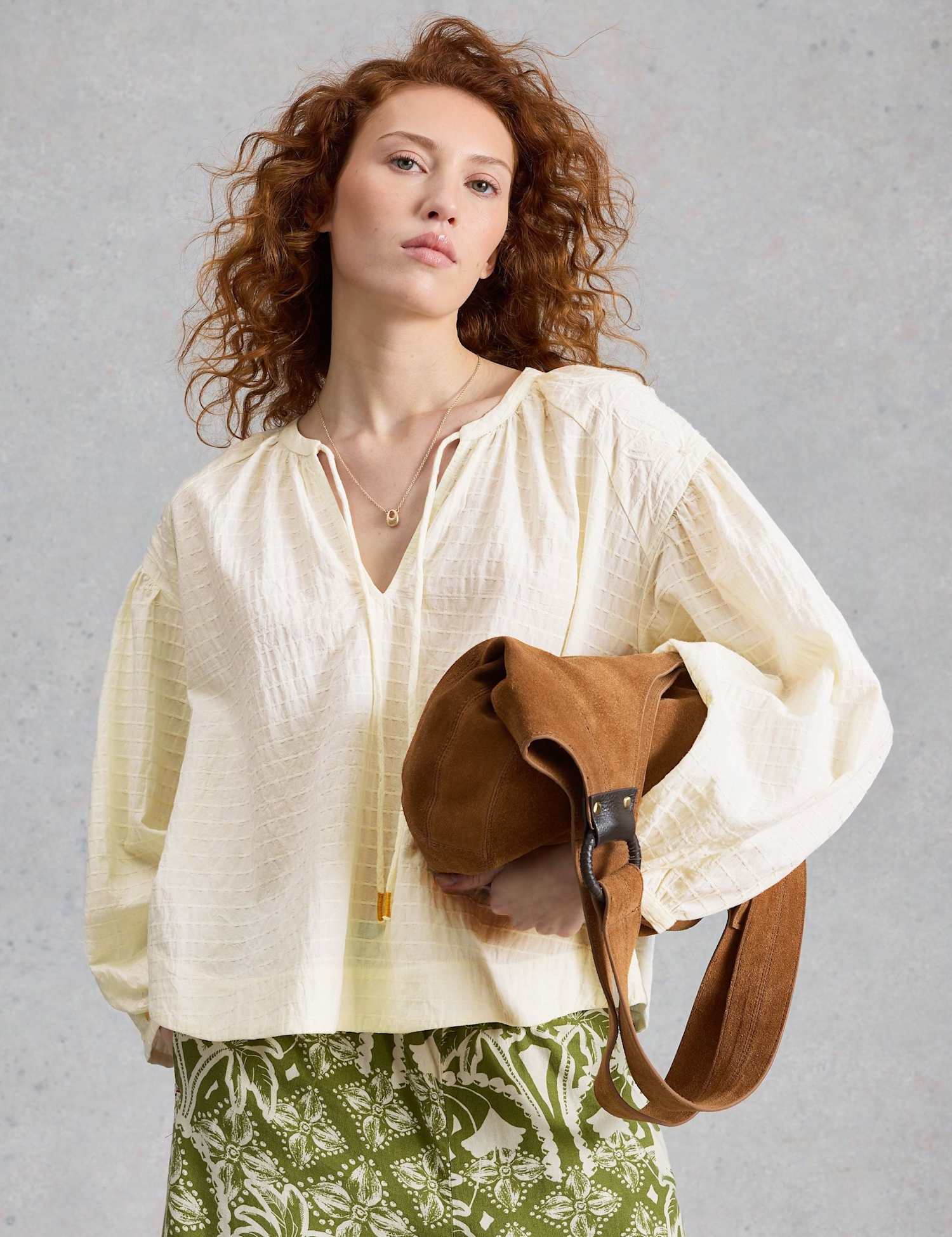 White Stuff Pure Cotton Textured Tie Neck Top Natural