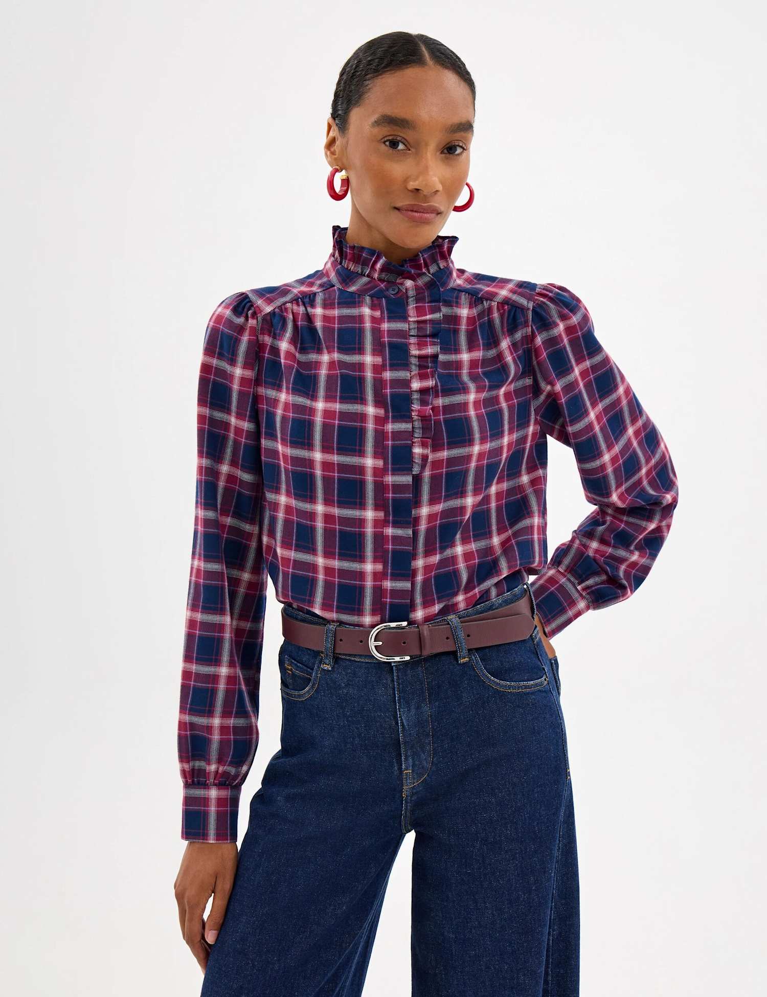 HUSH Checked Ruffle Neck Concealed Placket Shirt Navy Mix