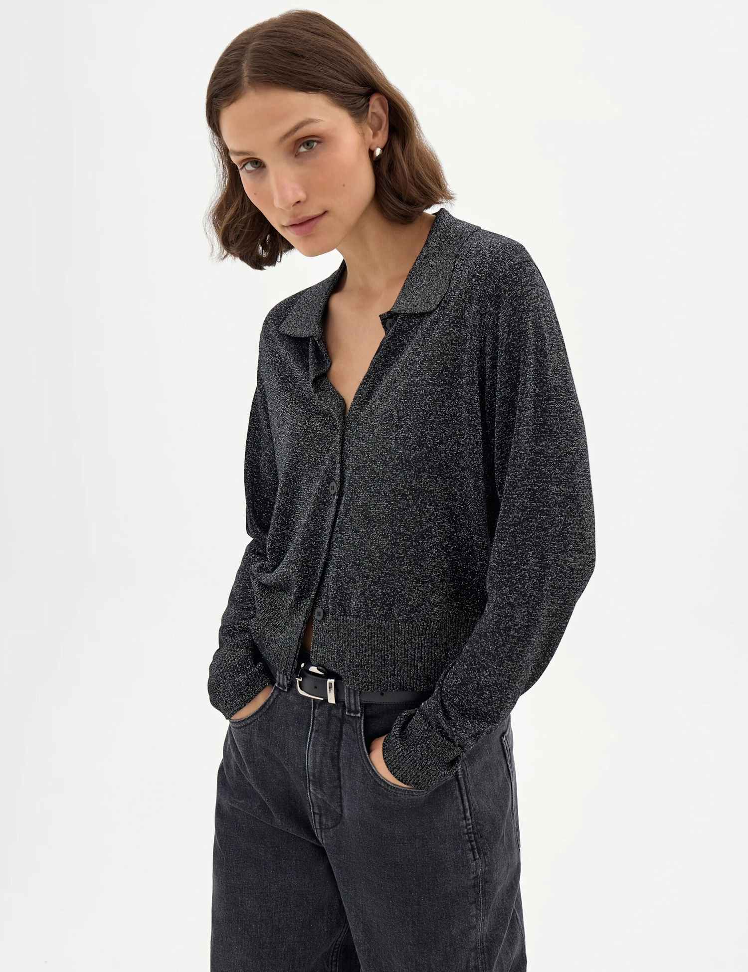 HUSH Metallic Knitted Collared Cardigan Silver Mix