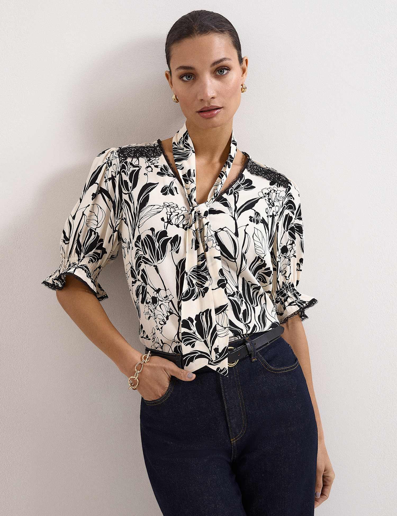 Phase Eight Floral Tie Neck Puff Sleeve Blouse Black Mix