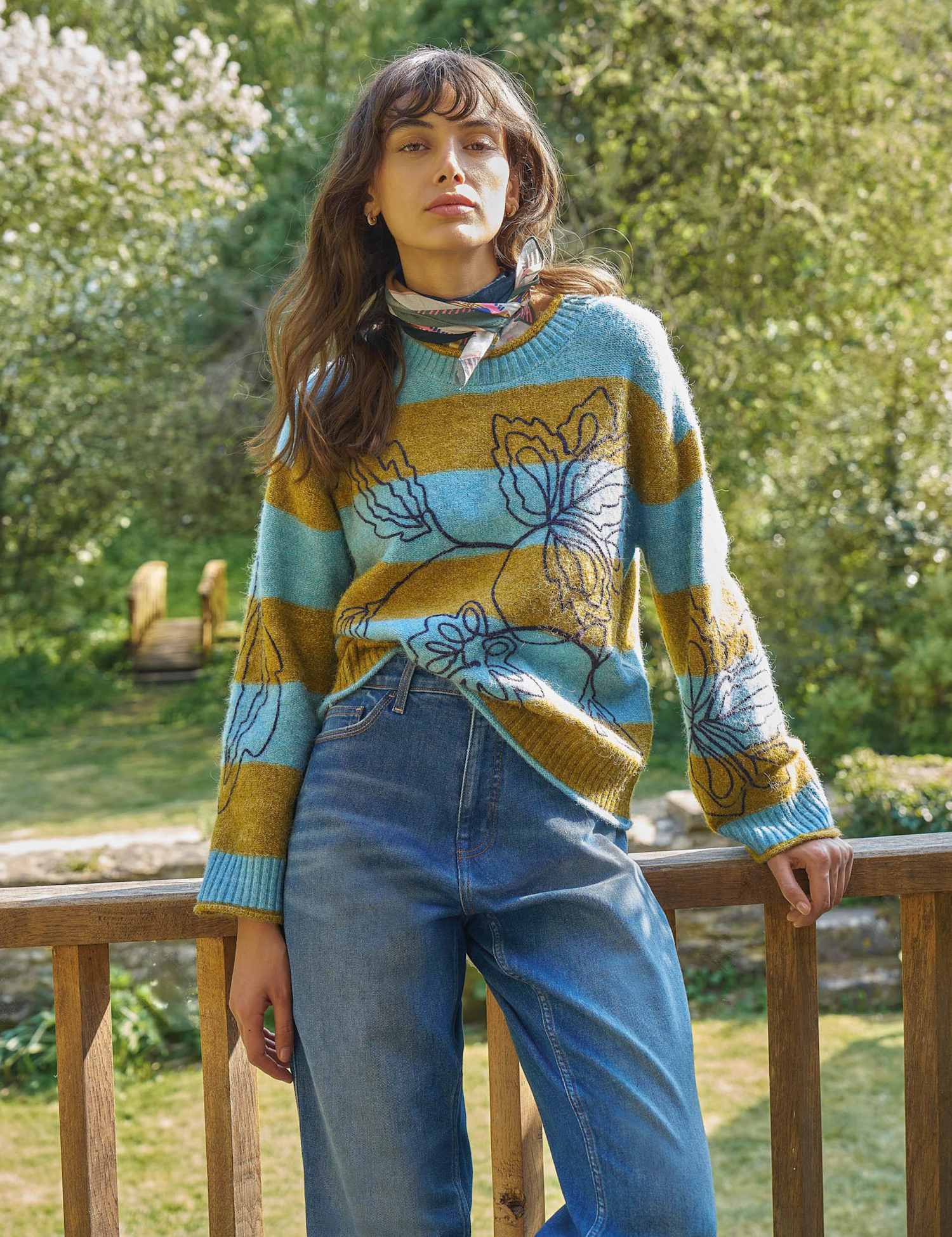 White Stuff Striped Embroidered Jumper Blue Mix