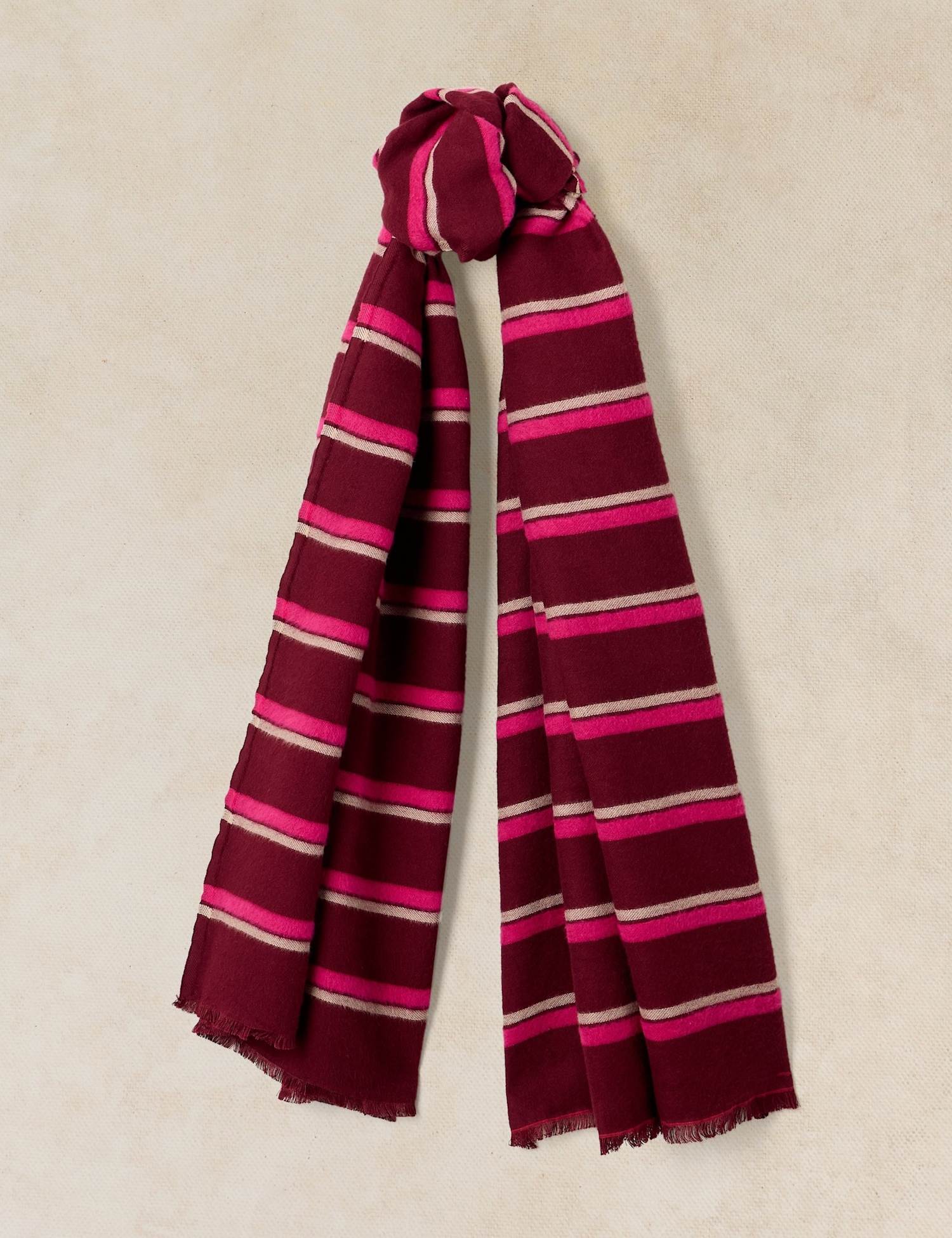 White Stuff Cotton Rich Striped Fringed Scarf Plum