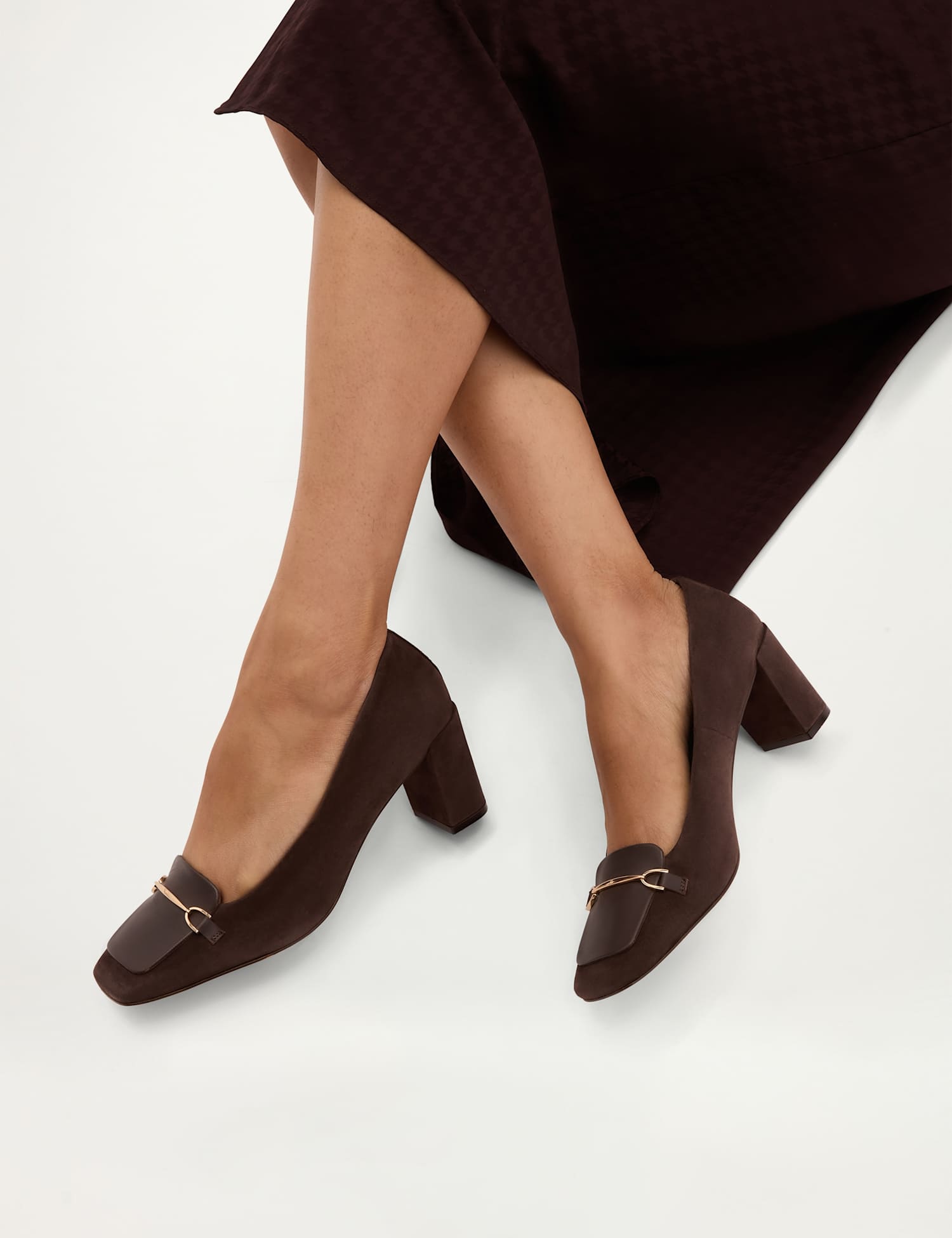 HOBBS Suede Horsebit Detail Block Heel Court Shoes Brown