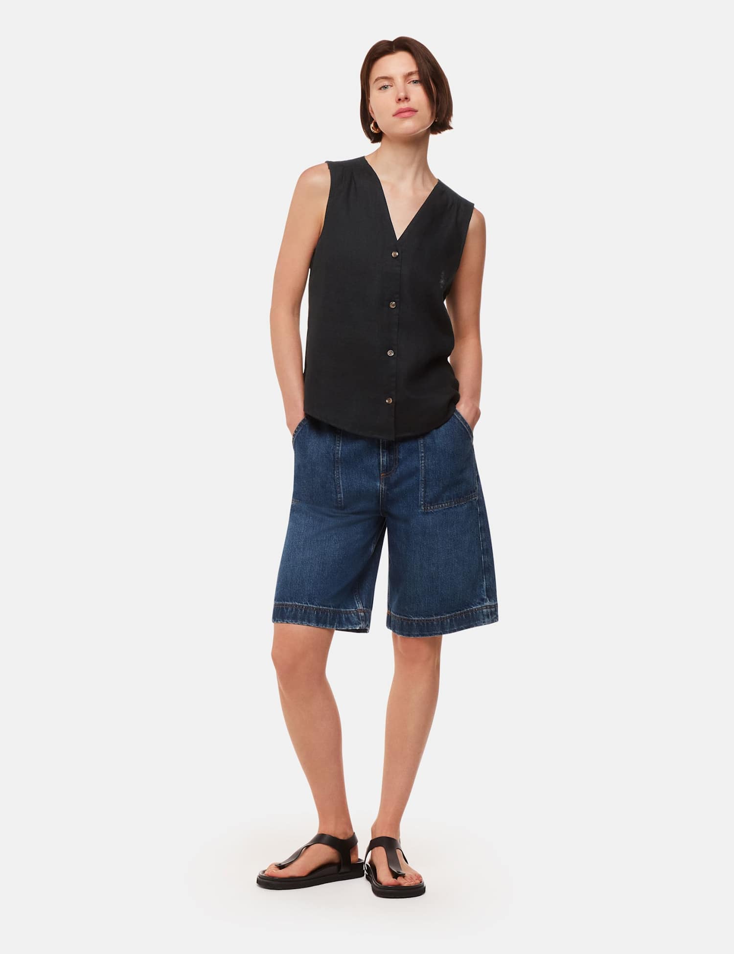 Whistles Laura Pure Linen Button Through Tank Top Black