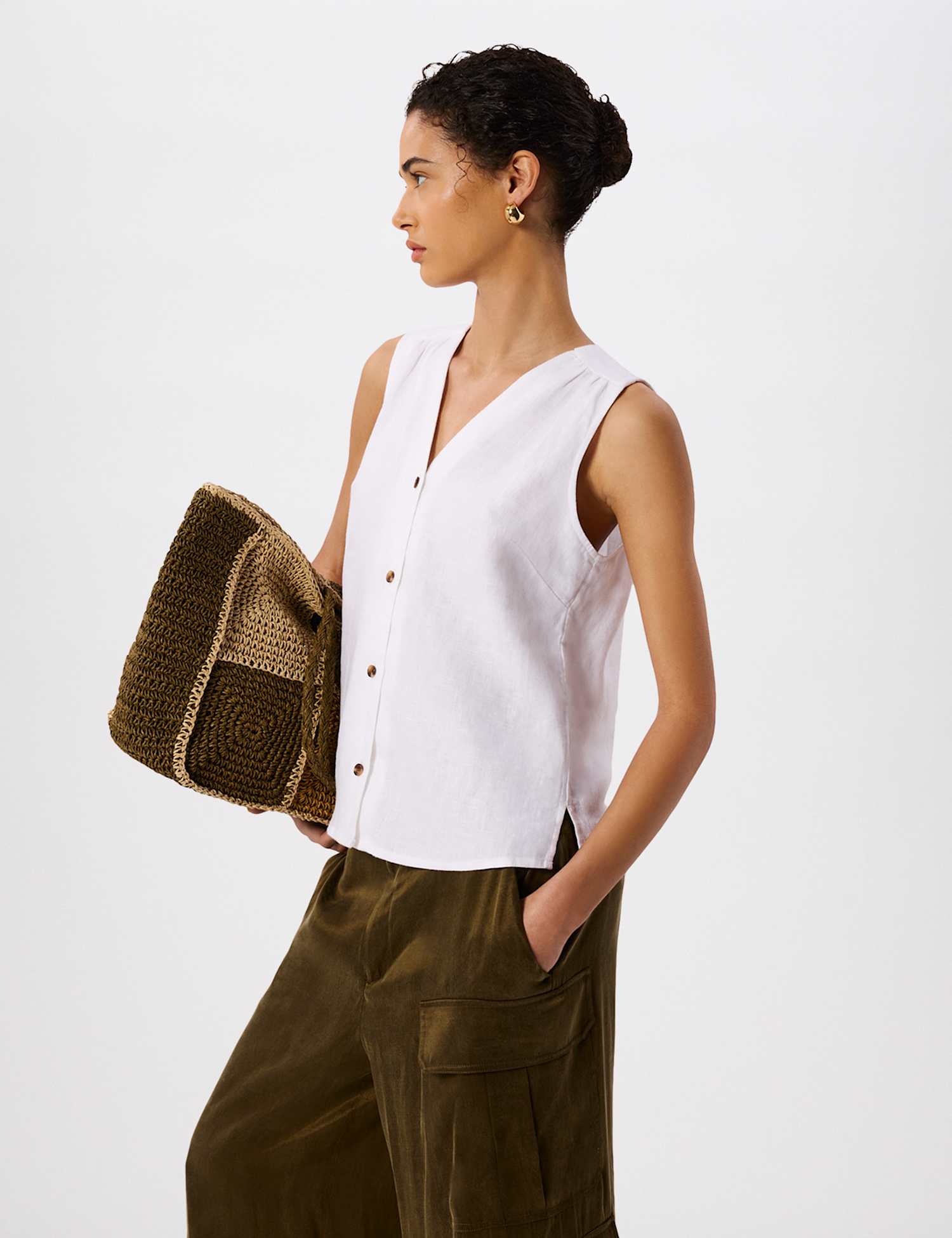 Whistles Laura Pure Linen Button Through Tank Top White