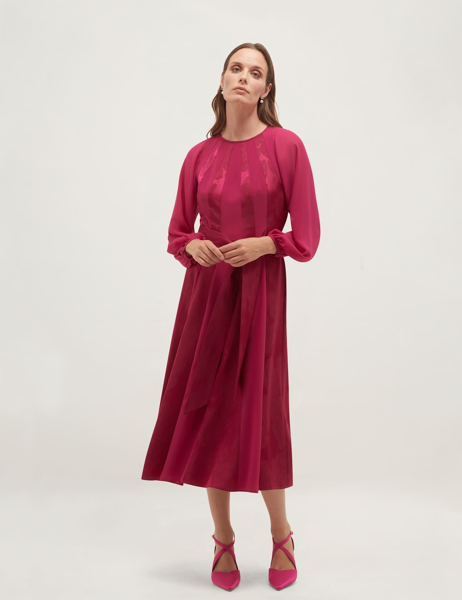 HOBBS Stripe Jacquard Belted Midi Skater Dress Pink