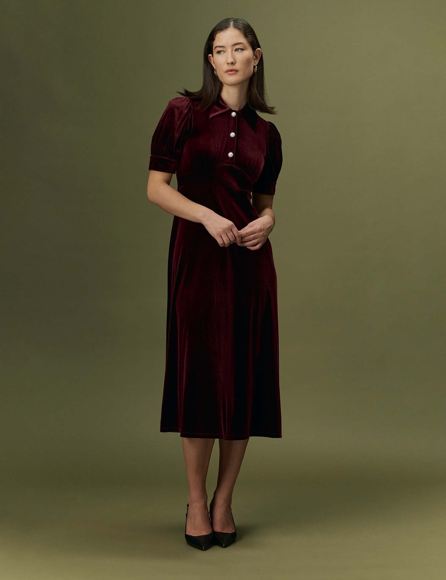 Ghost Velvet Button Front Midi Tea Dress Plum