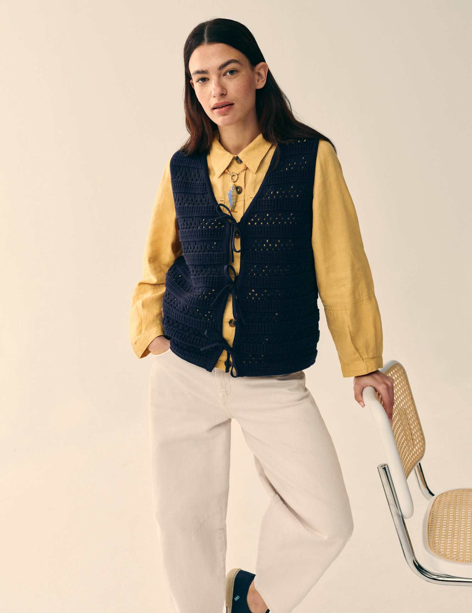 White Stuff Pure Cotton Textured V-Neck Knitted Vest Navy