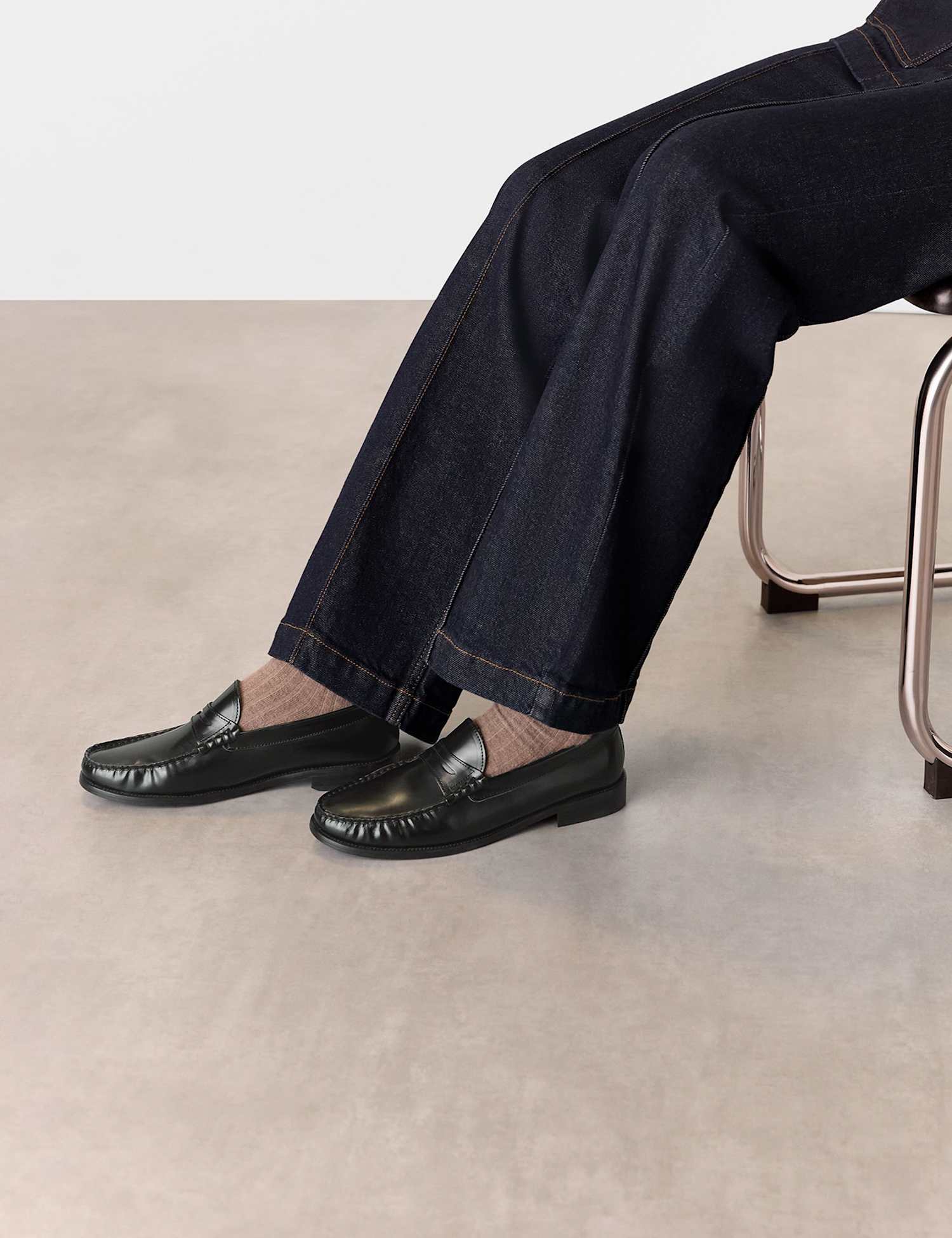 Whistles Leather Gloss Slip On Slim Loafers Black