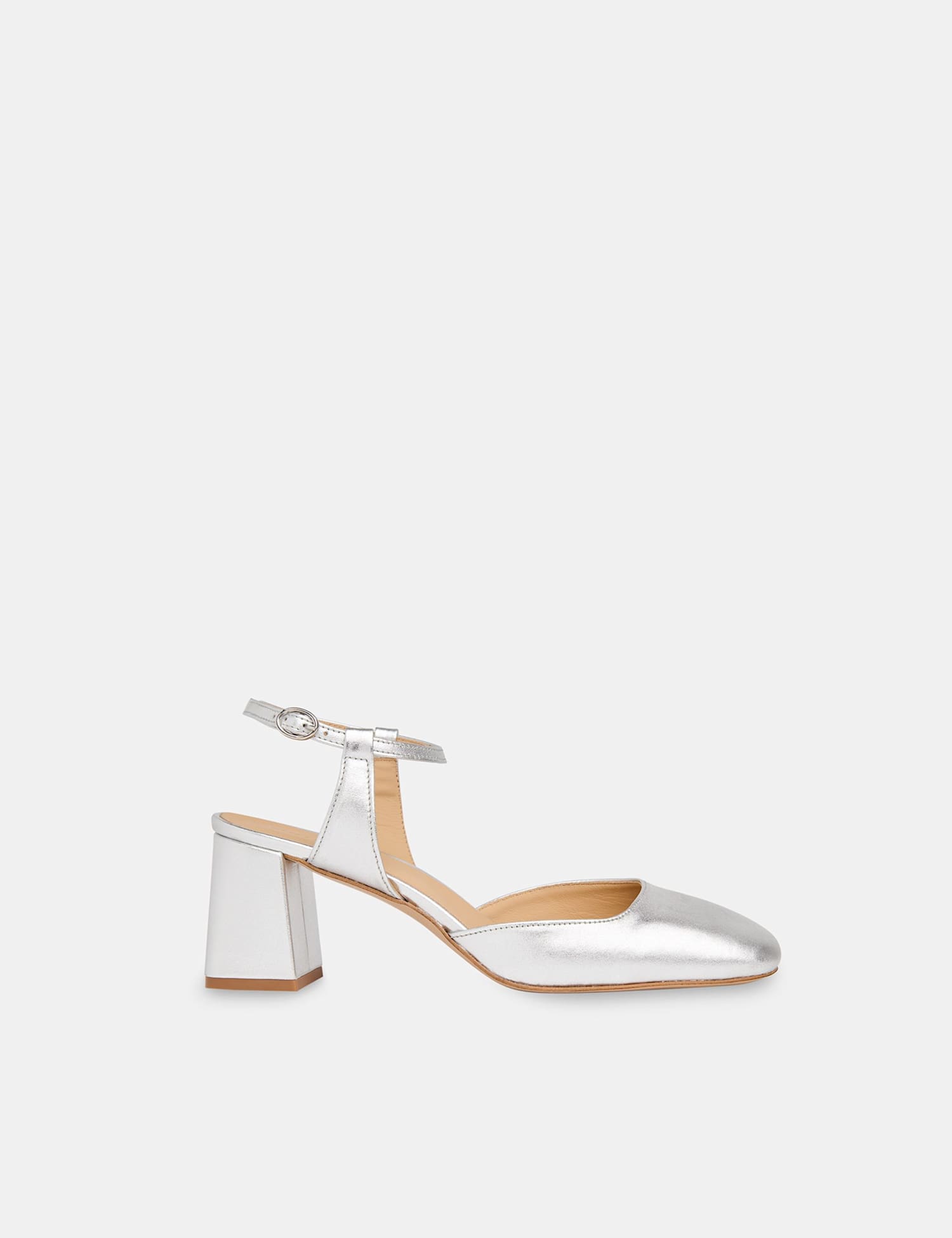 Whistles Matilda Leather Metallic Block Heel Shoes Silver