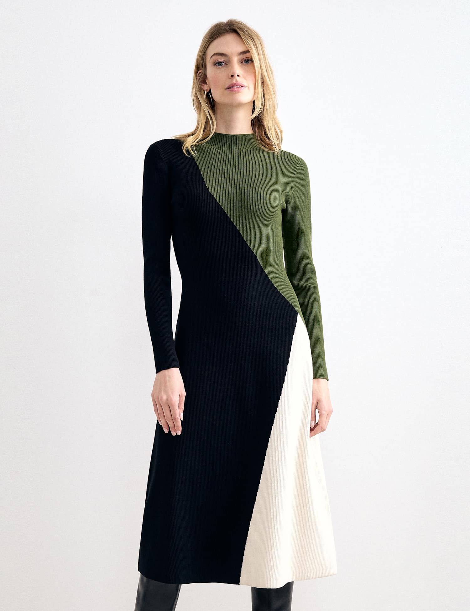 Phase Eight Knitted Colour Block Funnel Neck Midi Dress Black Mix