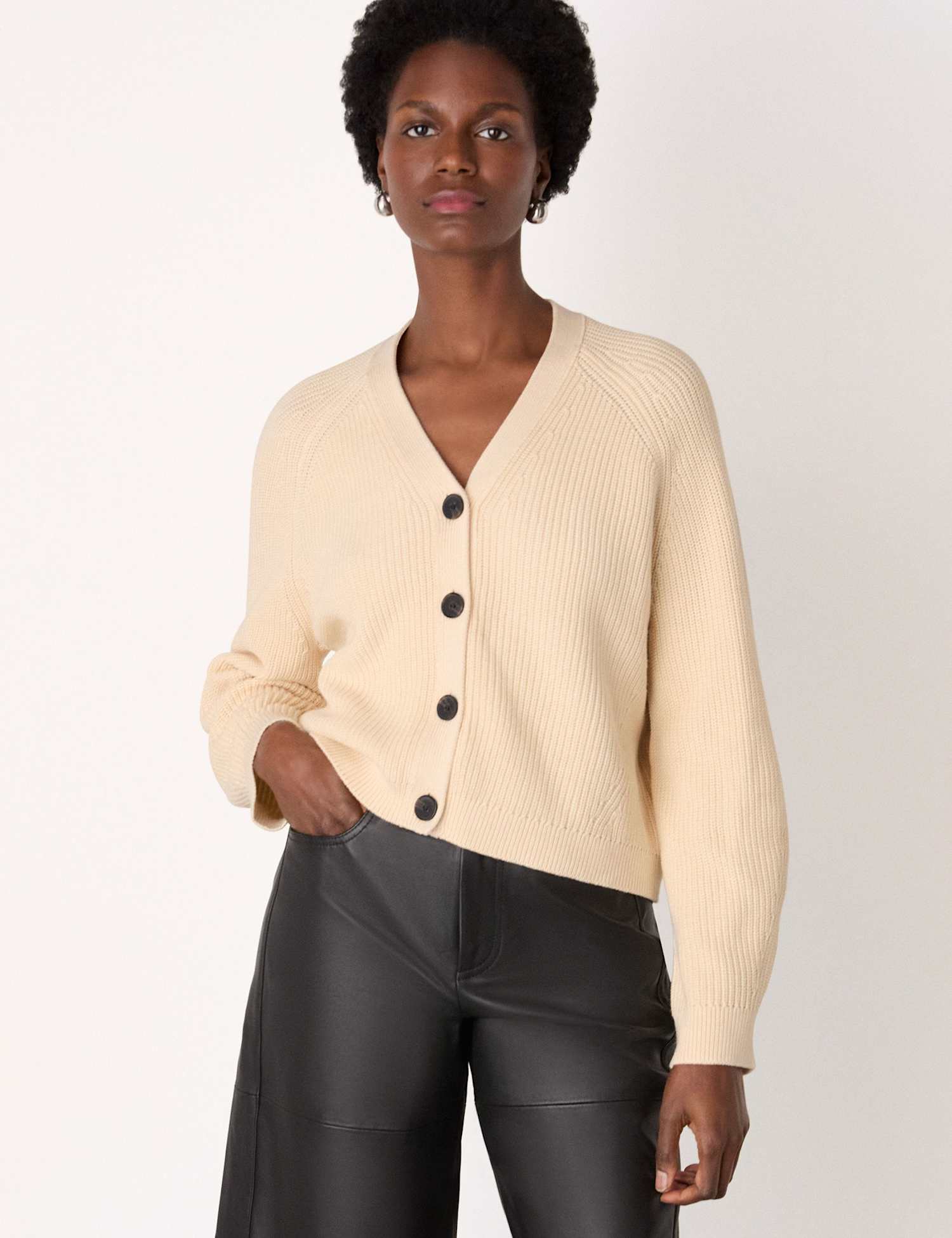 Whistles Pure Cotton V-Neck Button Front Cardigan Ivory