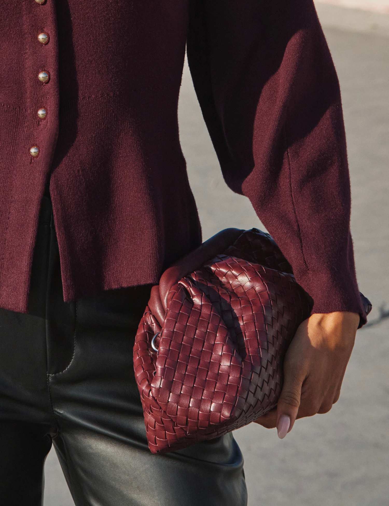 SOSANDAR Faux Leather Woven Clutch Bag Burgundy