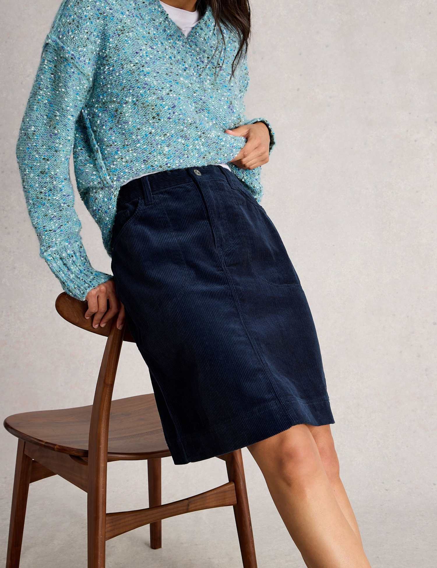 White Stuff Cord Knee Length A-Line Skirt Navy