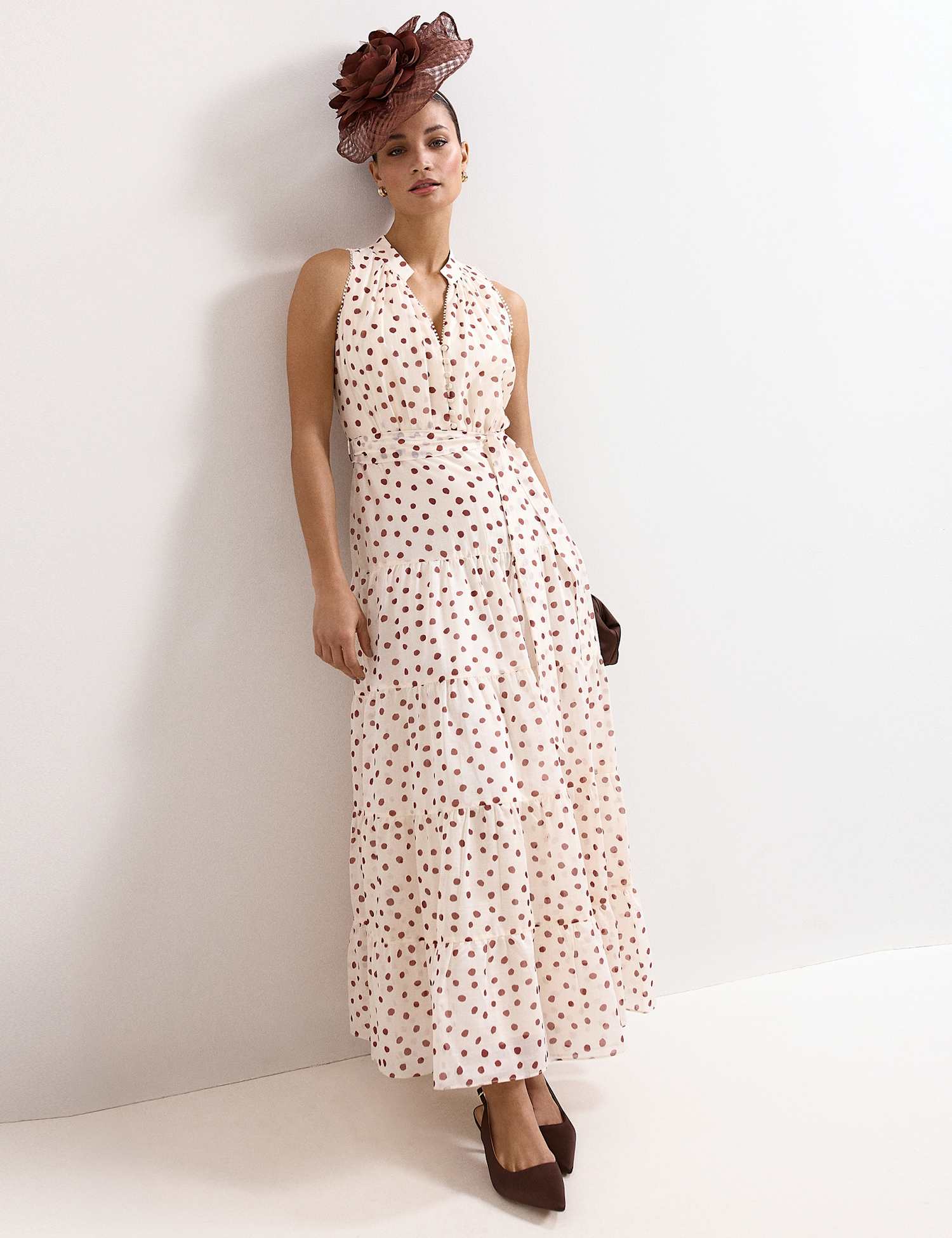 Phase Eight Polka Dot V-Neck Maxi Tiered Dress Cream Mix