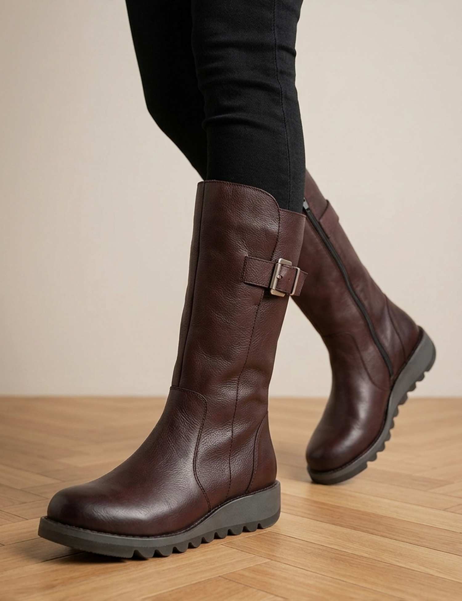 Jones Bootmaker Leather Buckle Wedge Boots Burgundy