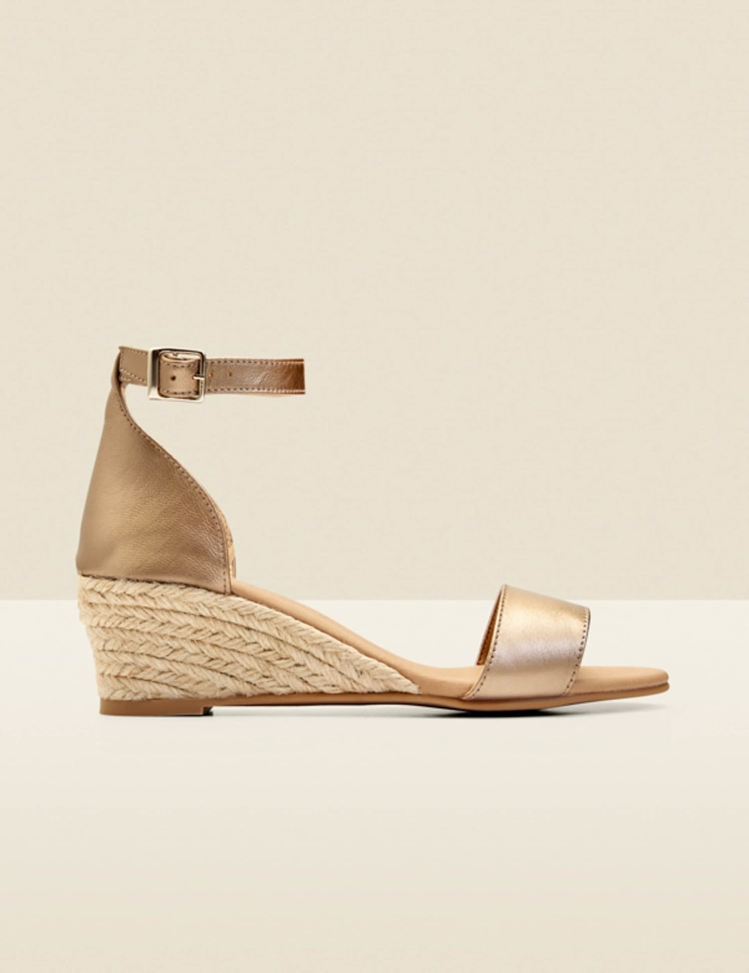 SOSANDAR Leather Ankle Strap Wedge Espadrilles Gold