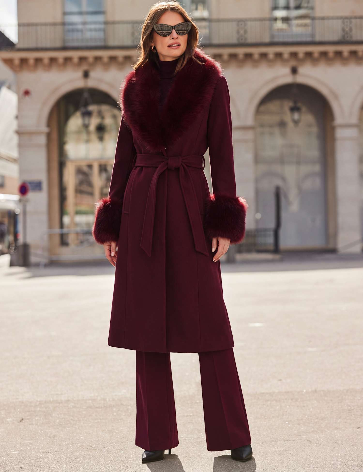SOSANDAR Belted 2 In 1 Faux Fur Trim Longline Coat Burgundy