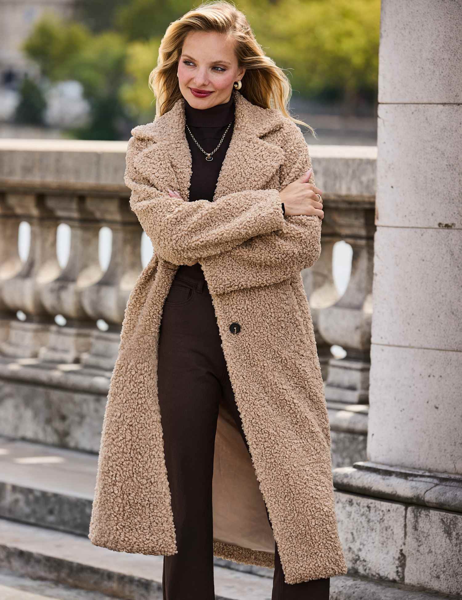 SOSANDAR Borg Oversized Longline Coat Camel