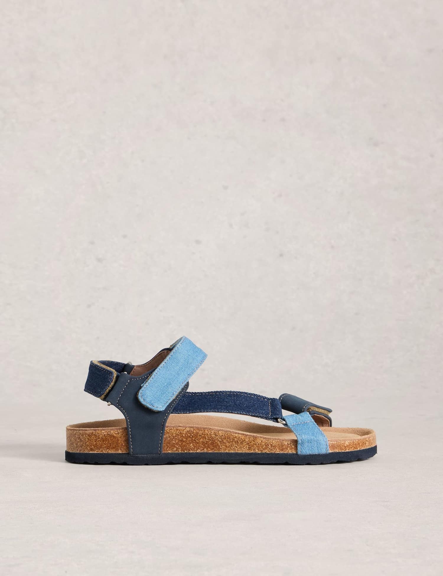 White Stuff Riptape Ankle Strap Flat Footbed Sandals Denim Mix
