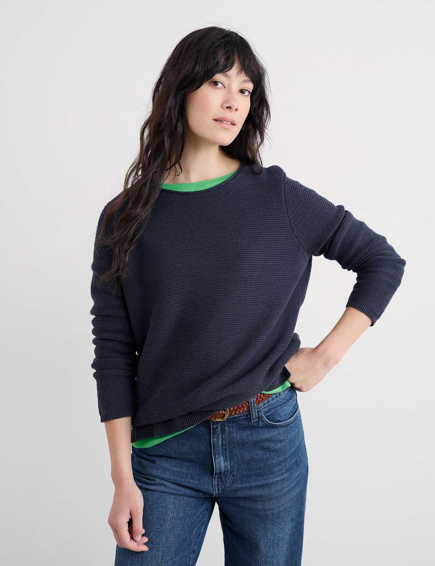Seasalt Cornwall Pure Cotton Ribbed Crew Neck Relaxed Jumper Navy