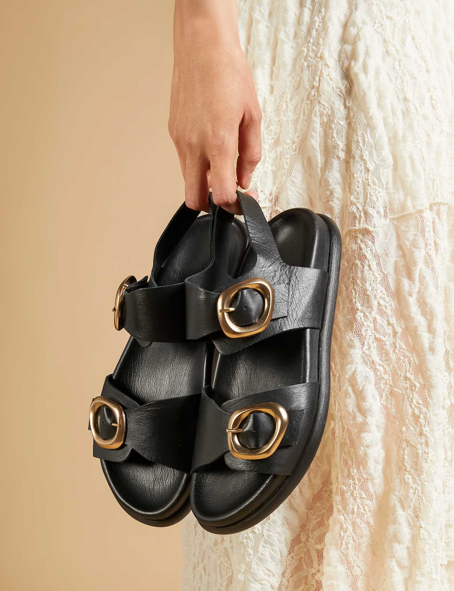 Jones Bootmaker Leather Buckle Ankle Strap Platform Sandals Black