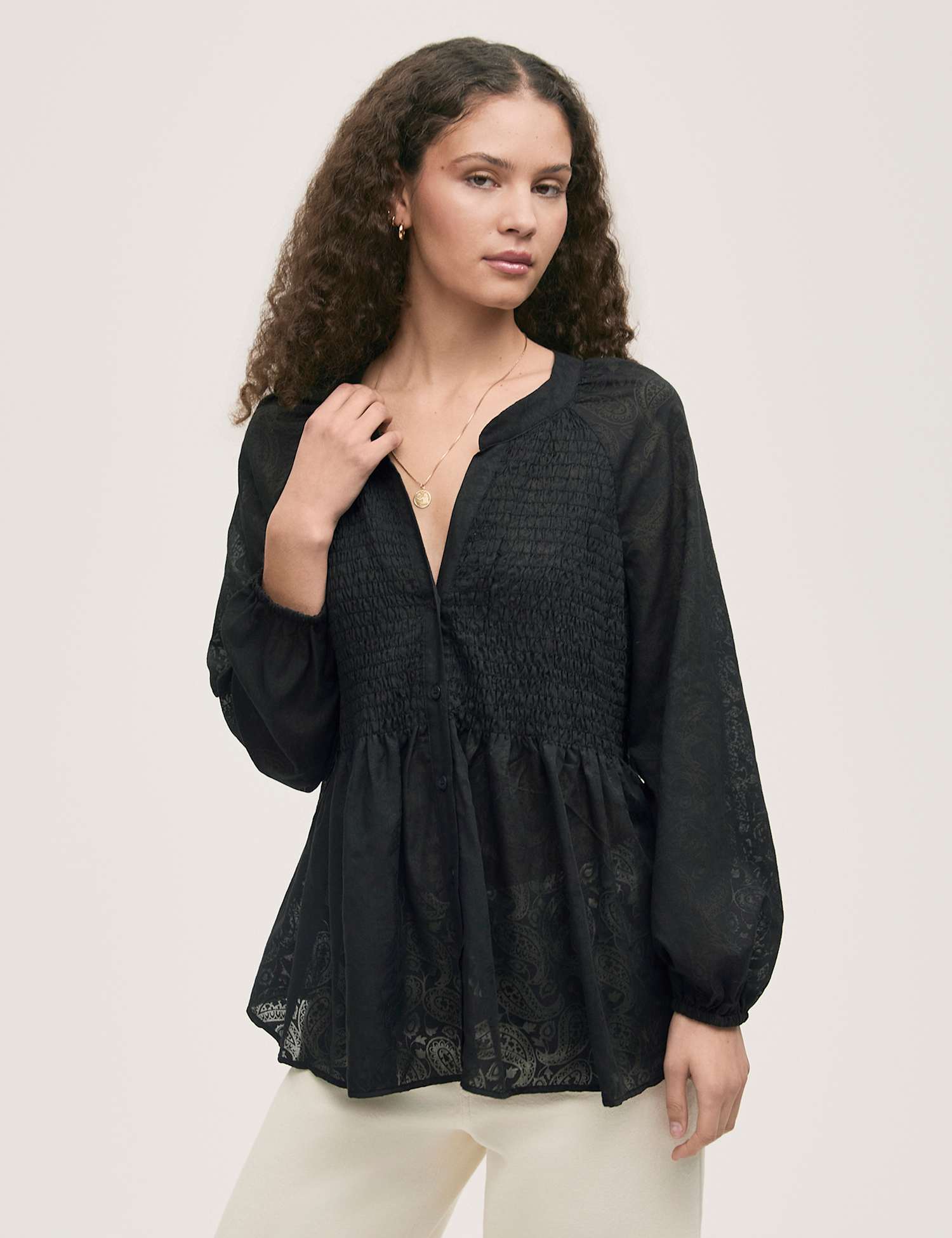 Finery London Cotton Rich Chiffon Paisley Shirred Blouse Black