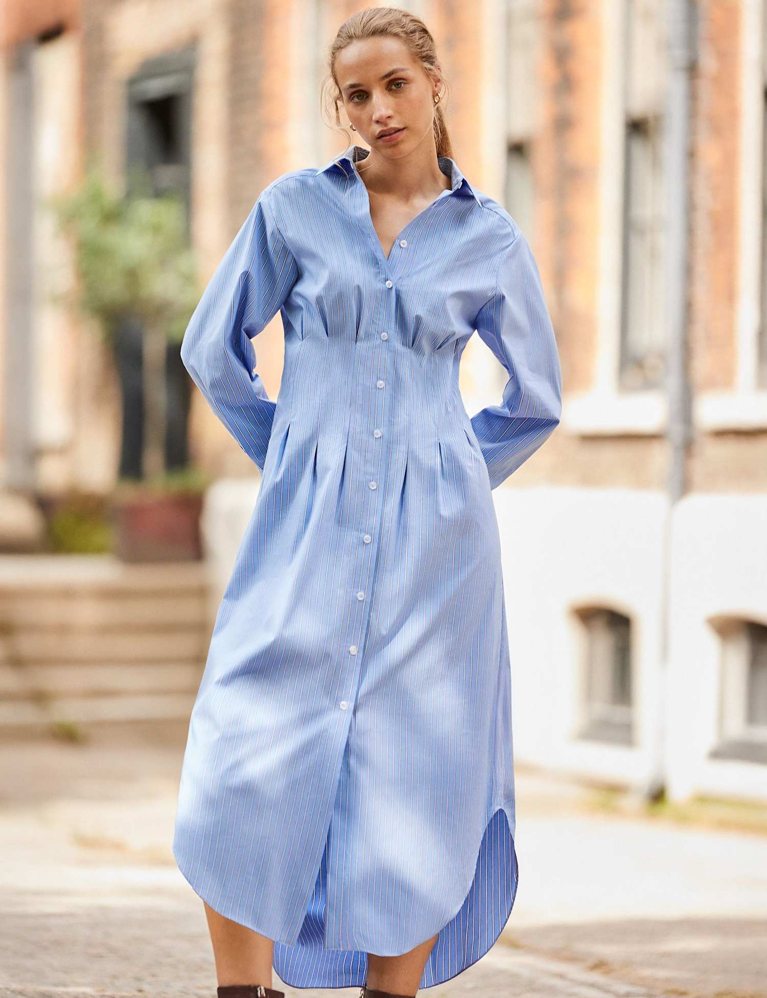 RO&ZO Cotton Rich Striped Midaxi Shirt Dress Light Blue Mix