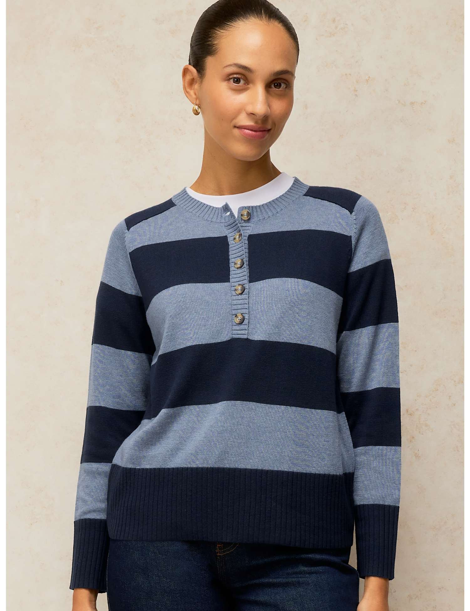 White Stuff Sienna Cotton Rich Henley Jumper Blue Mix