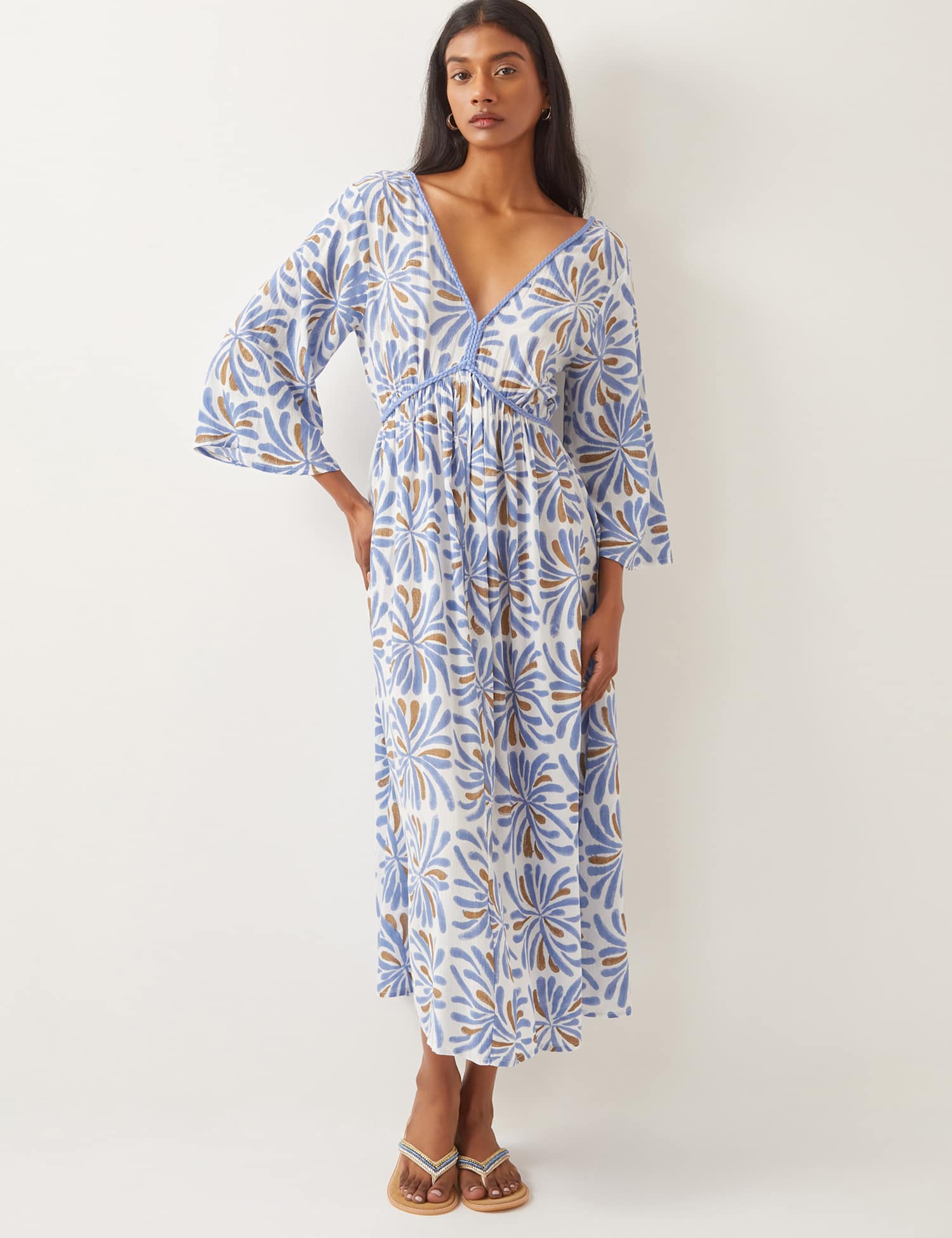 Monsoon Textured Woodblock V-Neck Midi Skater Dress Blue