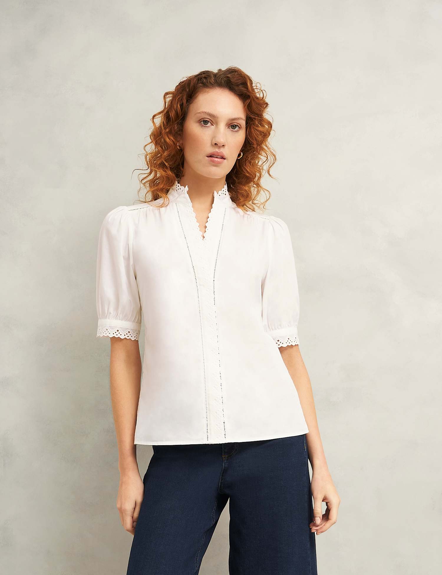 HOBBS Pure Cotton Broderie Notch Neck Blouse White