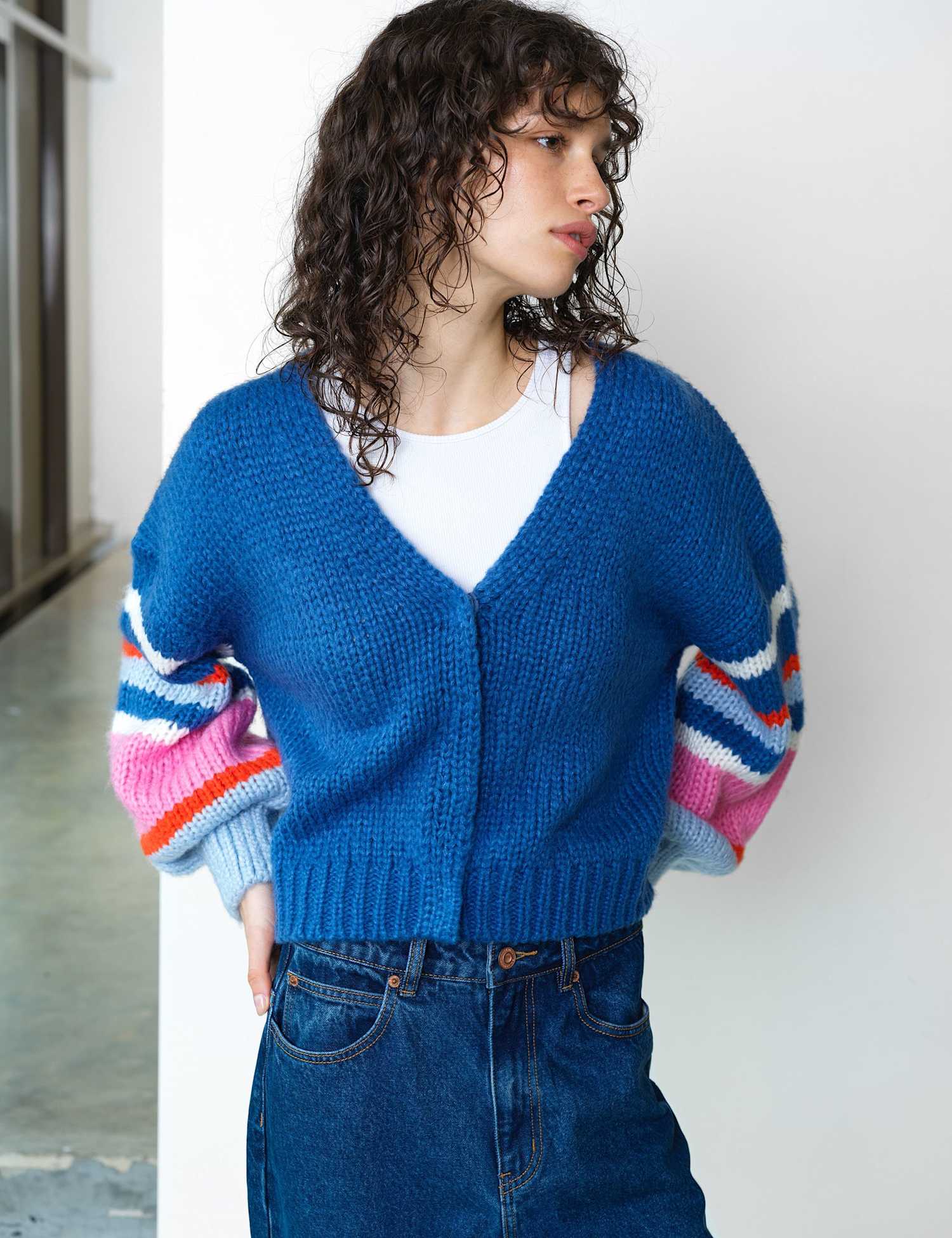 French Connection Ribbed V-Neck Cardigan Blue Mix