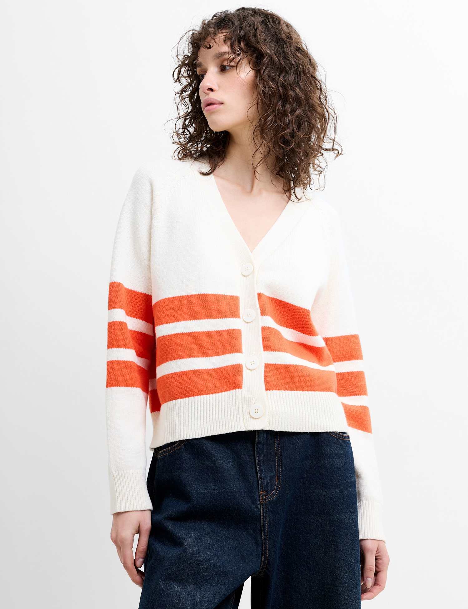 French Connection Cotton Rich Striped V-Neck Cardigan Cream Mix