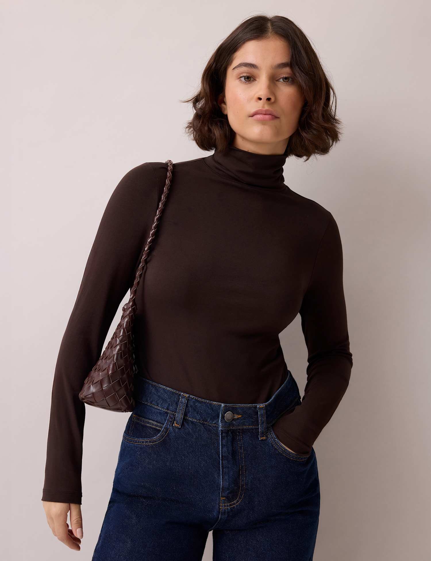 RO&ZO Cotton Blend Roll Neck Top Brown