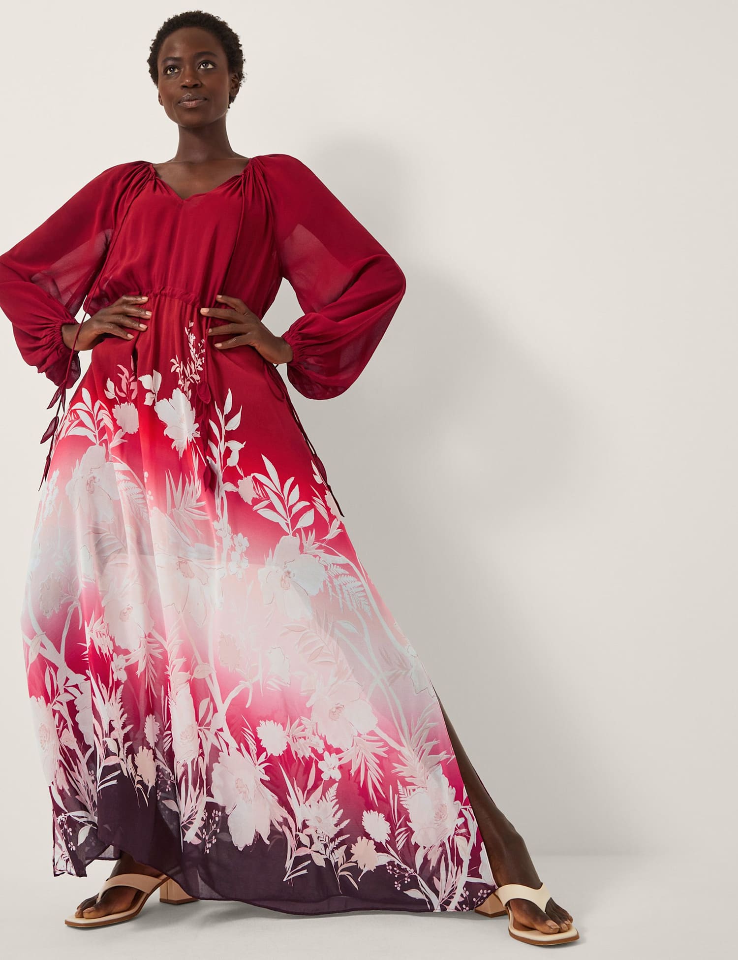 Monsoon Floral Print Ombr� Tie Neck Maxi Dress Red Mix