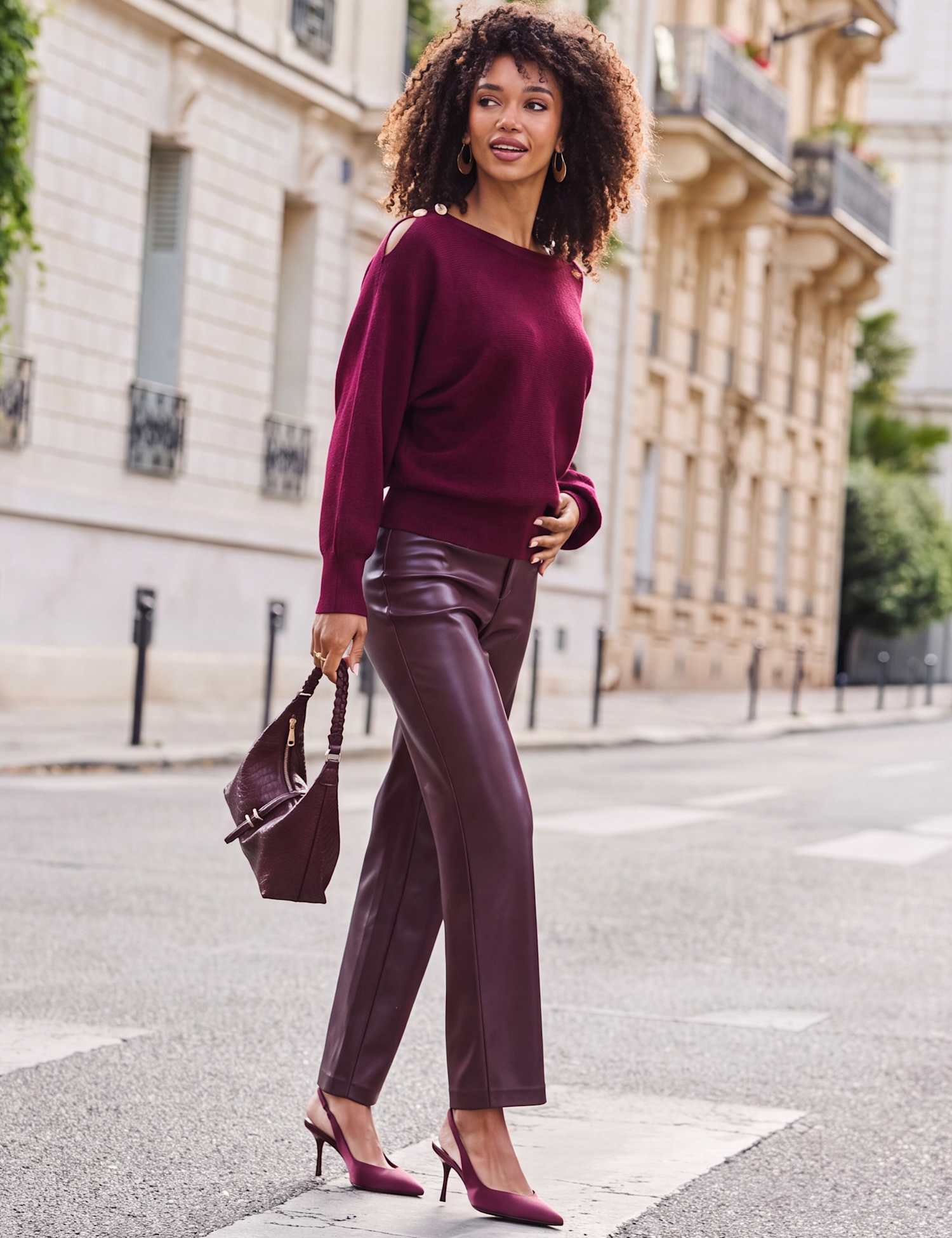 SOSANDAR Leather Look Straight Leg Trousers Burgundy