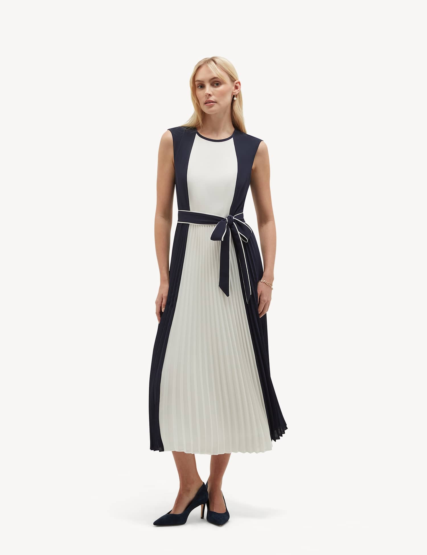 HOBBS Colour Block Tie Waist Midi Skater Dress Blue Mix