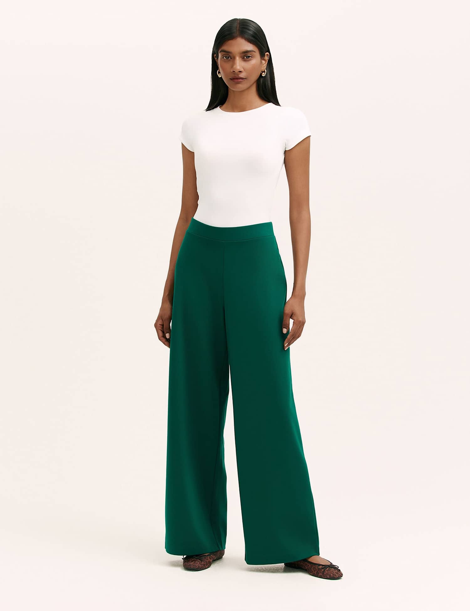 Finery London Jersey Elasticated Waist Wide Leg Trousers Green