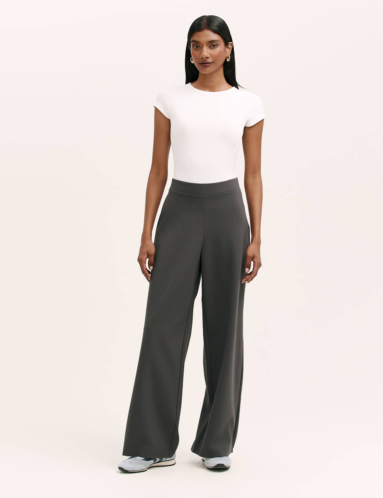 Finery London Jersey Elasticated Waist Wide Leg Trousers Grey