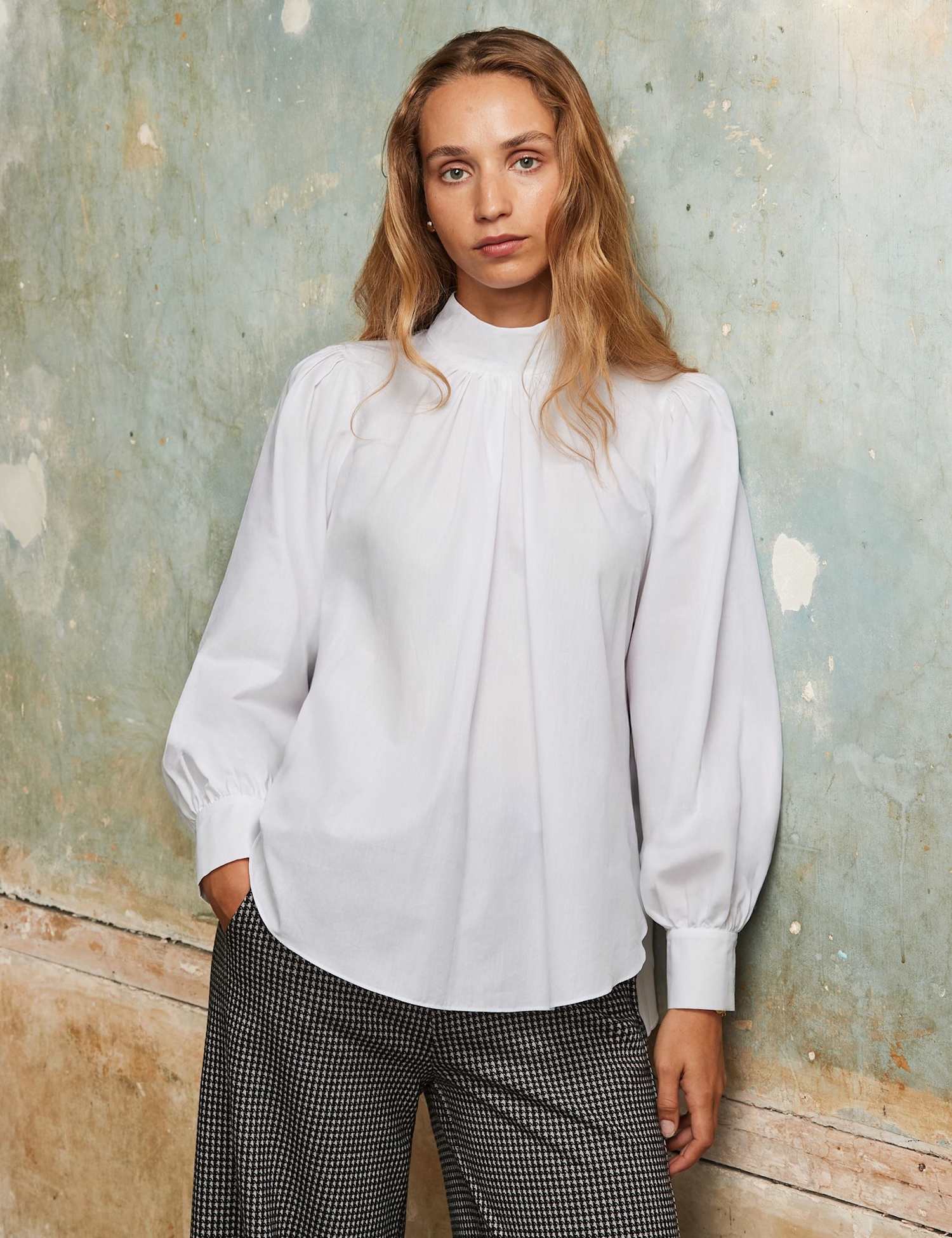 RO&ZO Pure Cotton High Neck Blouson Sleeve Blouse White