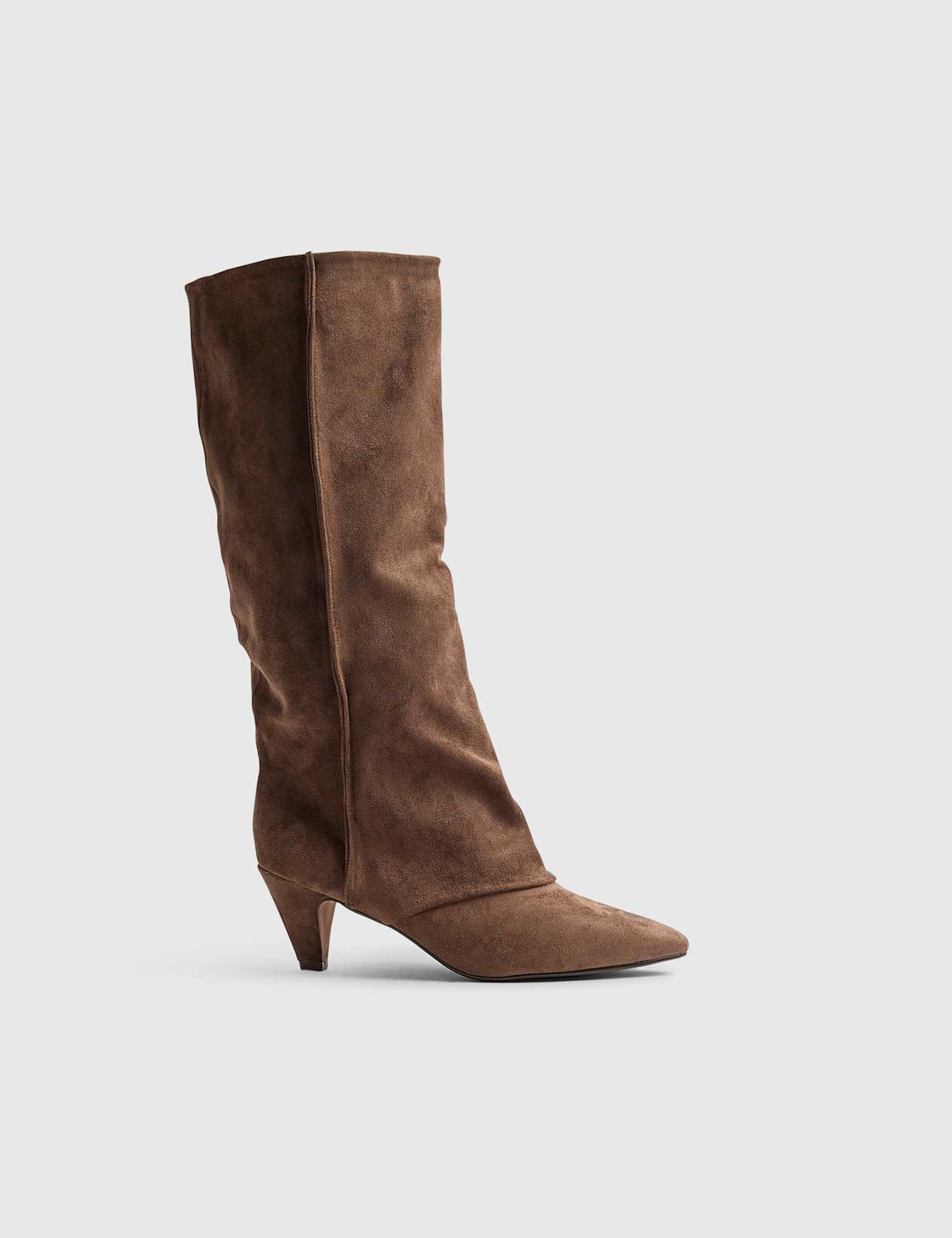 River Island Kitten Heel Pointed Knee High Boots Stone