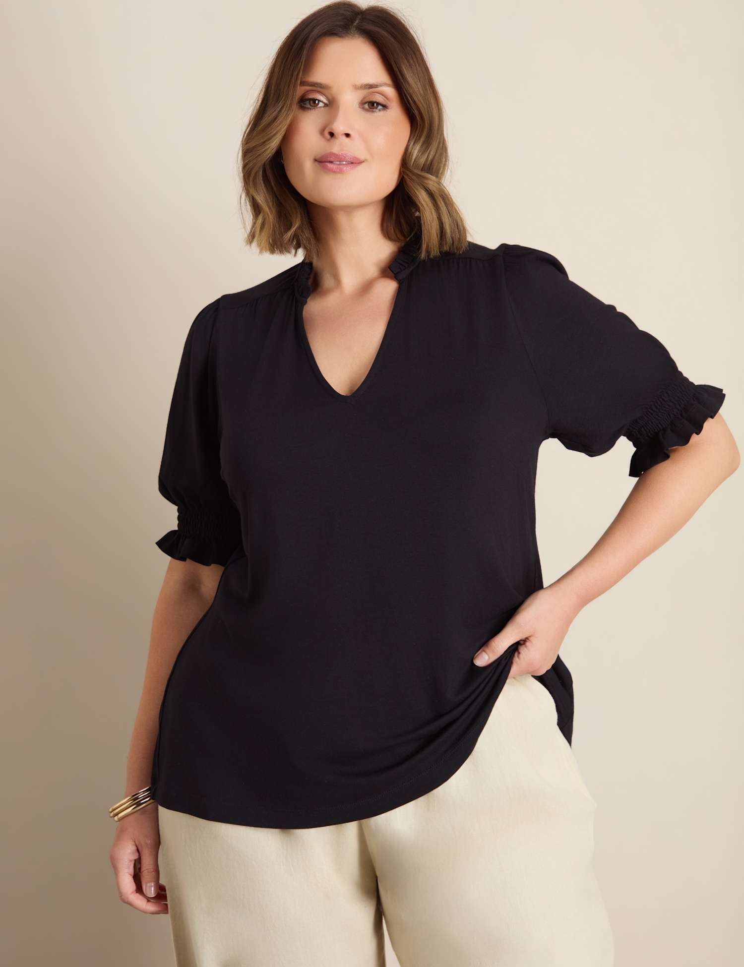 Live Unlimited London Jersey Shirred Sleeve V-Neck Top Black