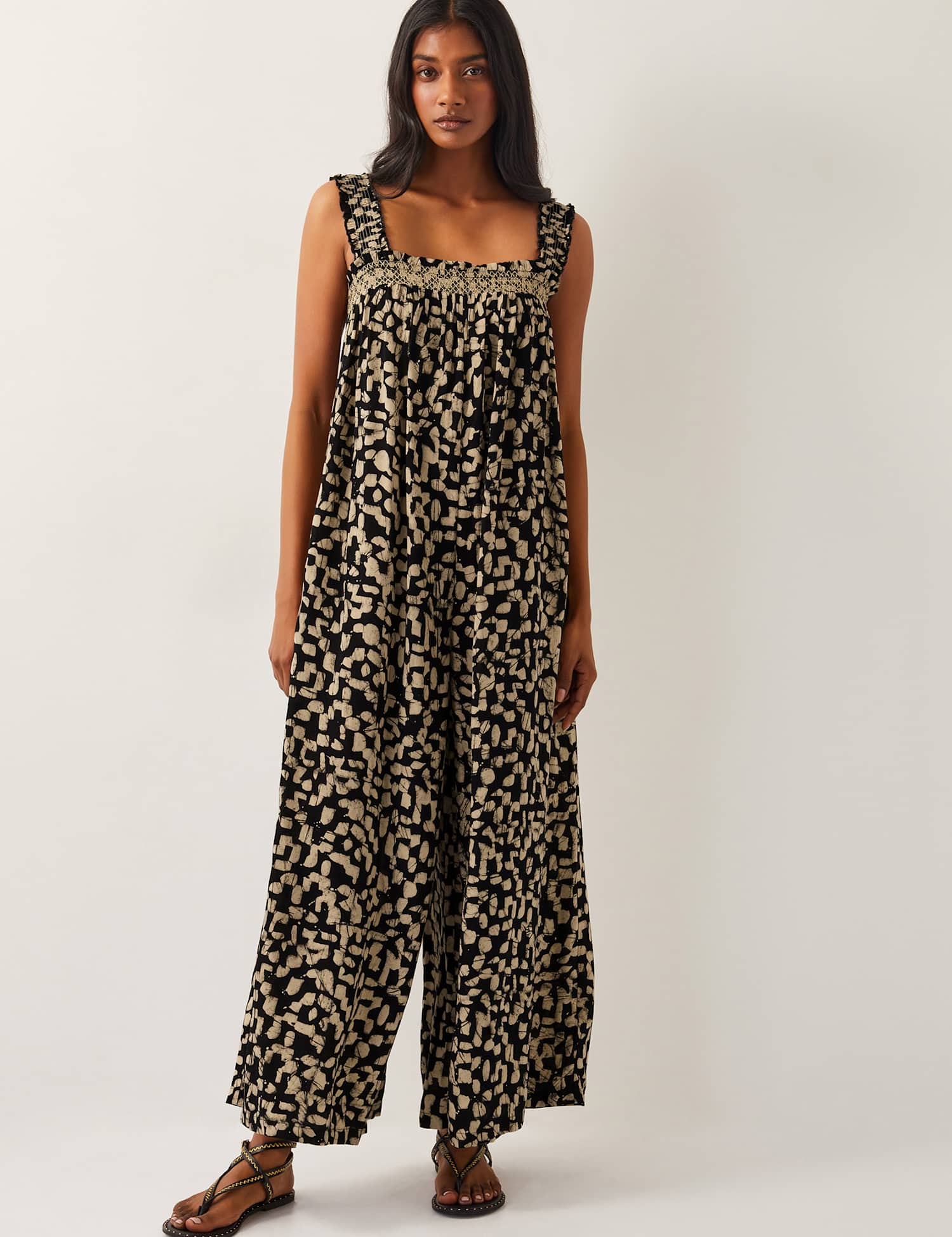 Monsoon Batik Shirred Sleeveless Wide Leg Jumpsuit Black Mix