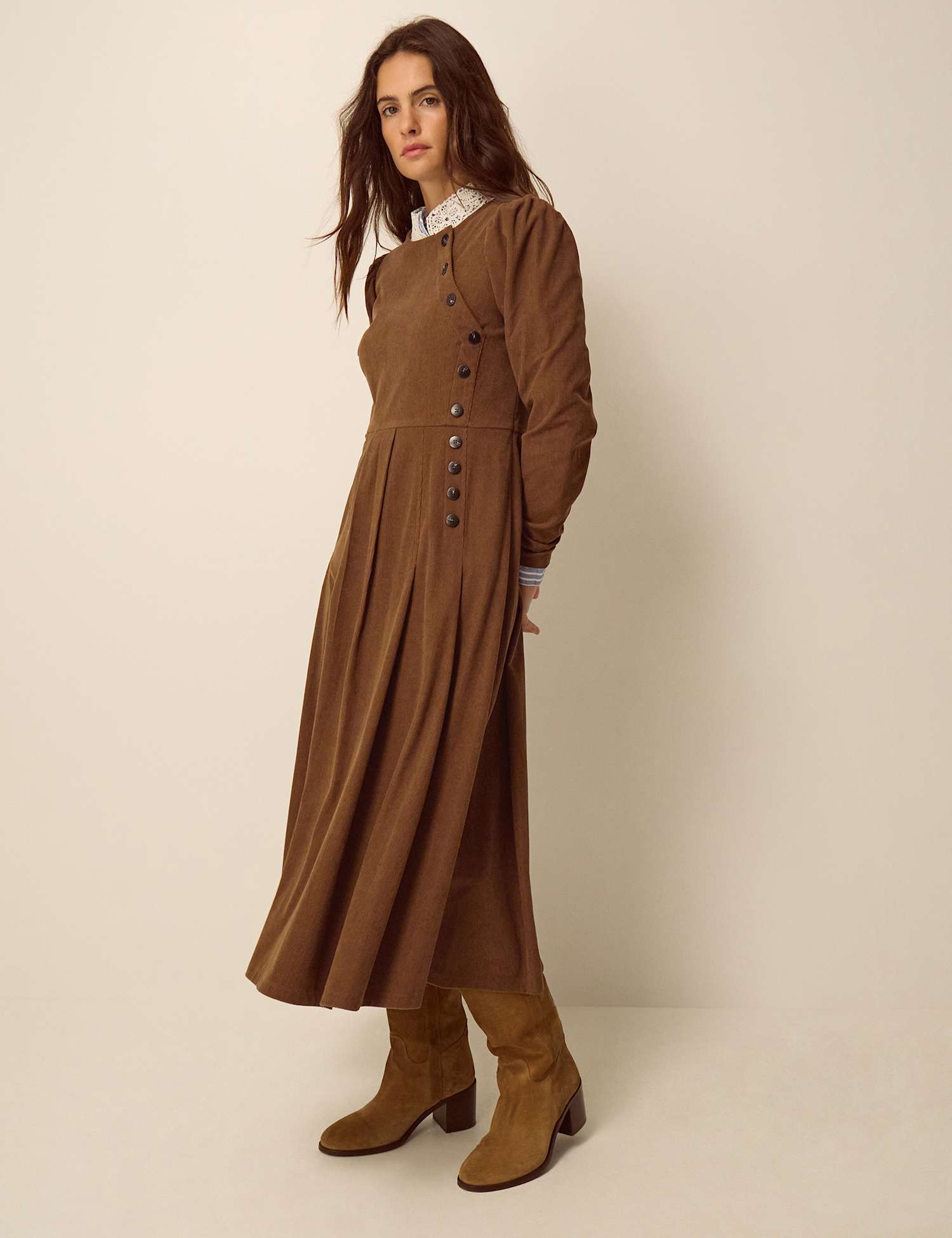 Monsoon Cord Button Detail Midi Skater Dress Tan