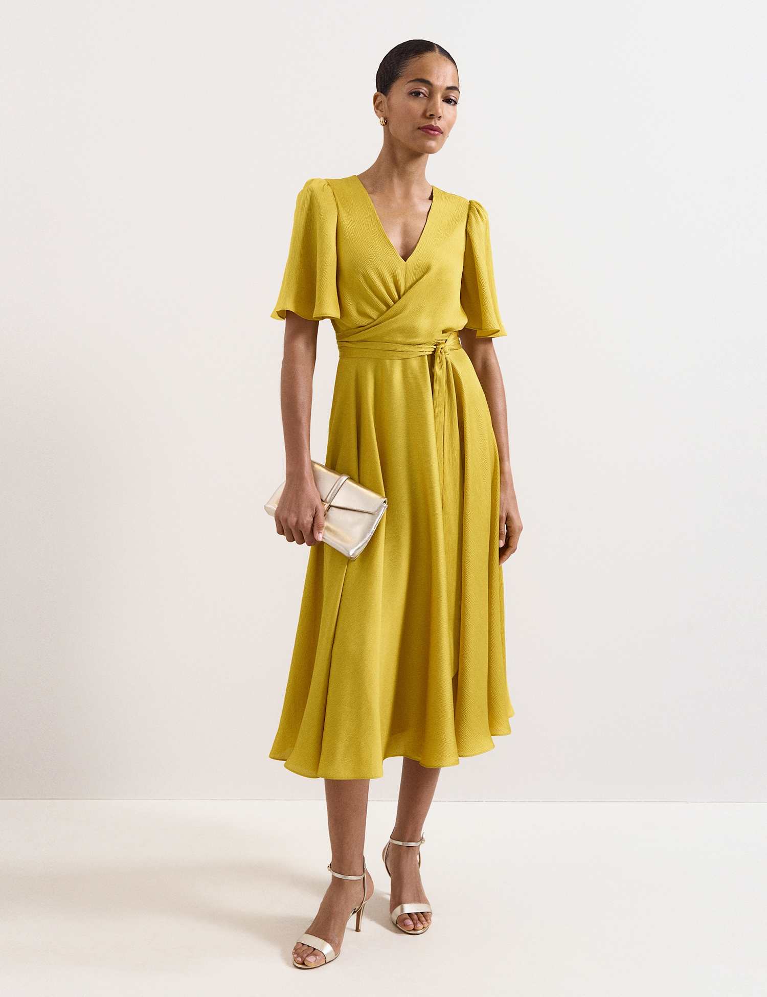 Phase Eight V-Neck Angel Sleeve Midi Wrap Dress Yellow