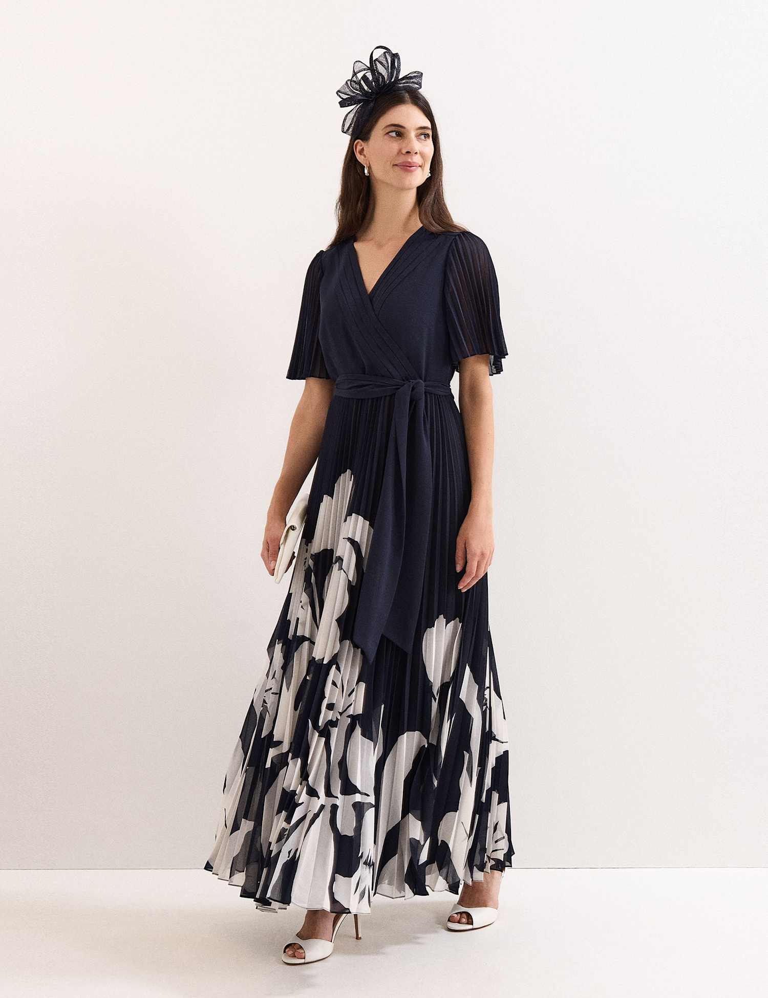 Phase Eight Floral Pleated V-Neck Maxi Wrap Dress Navy Mix