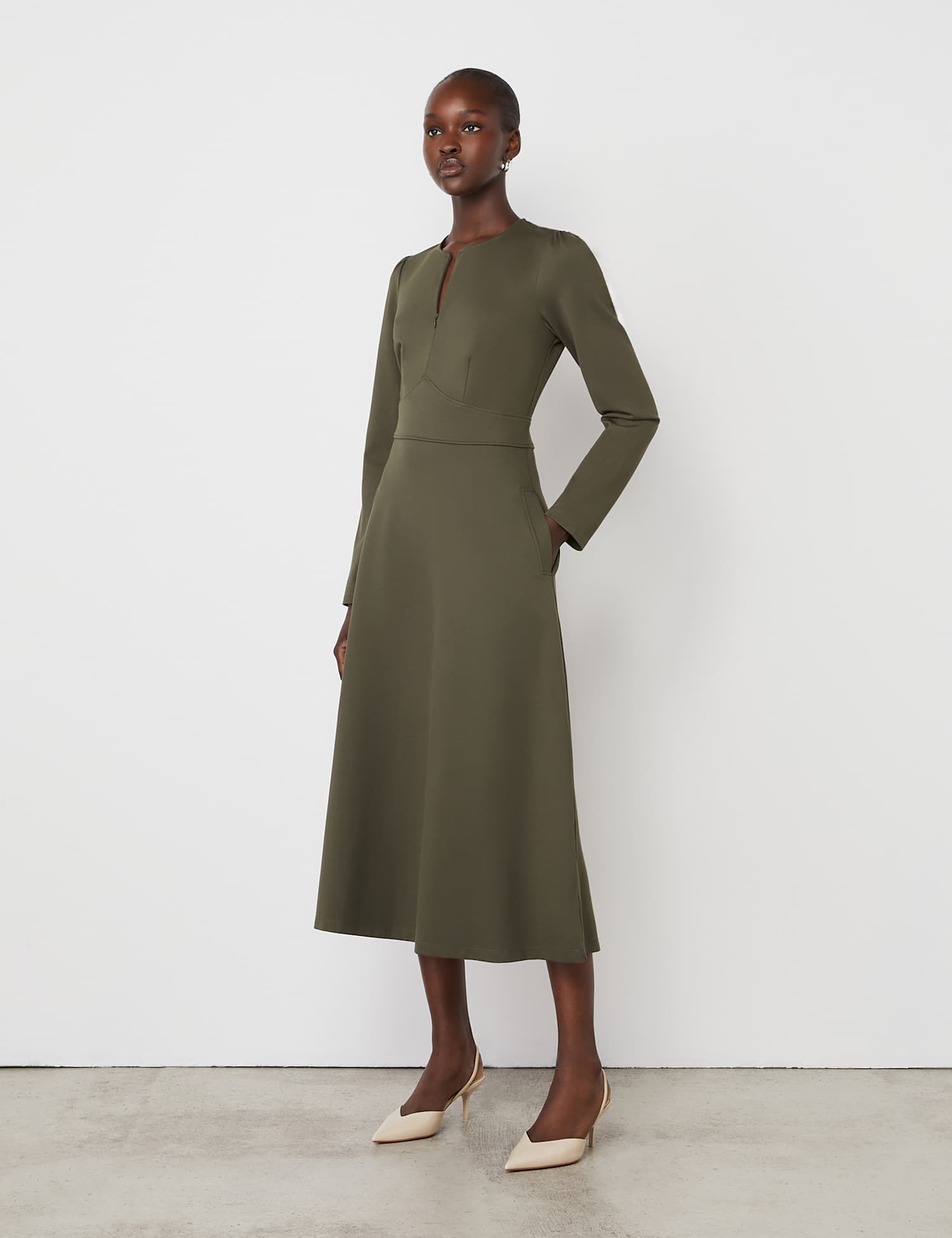 Finery London Ponte Jersey Zip Neck Midi Waisted Dress Green