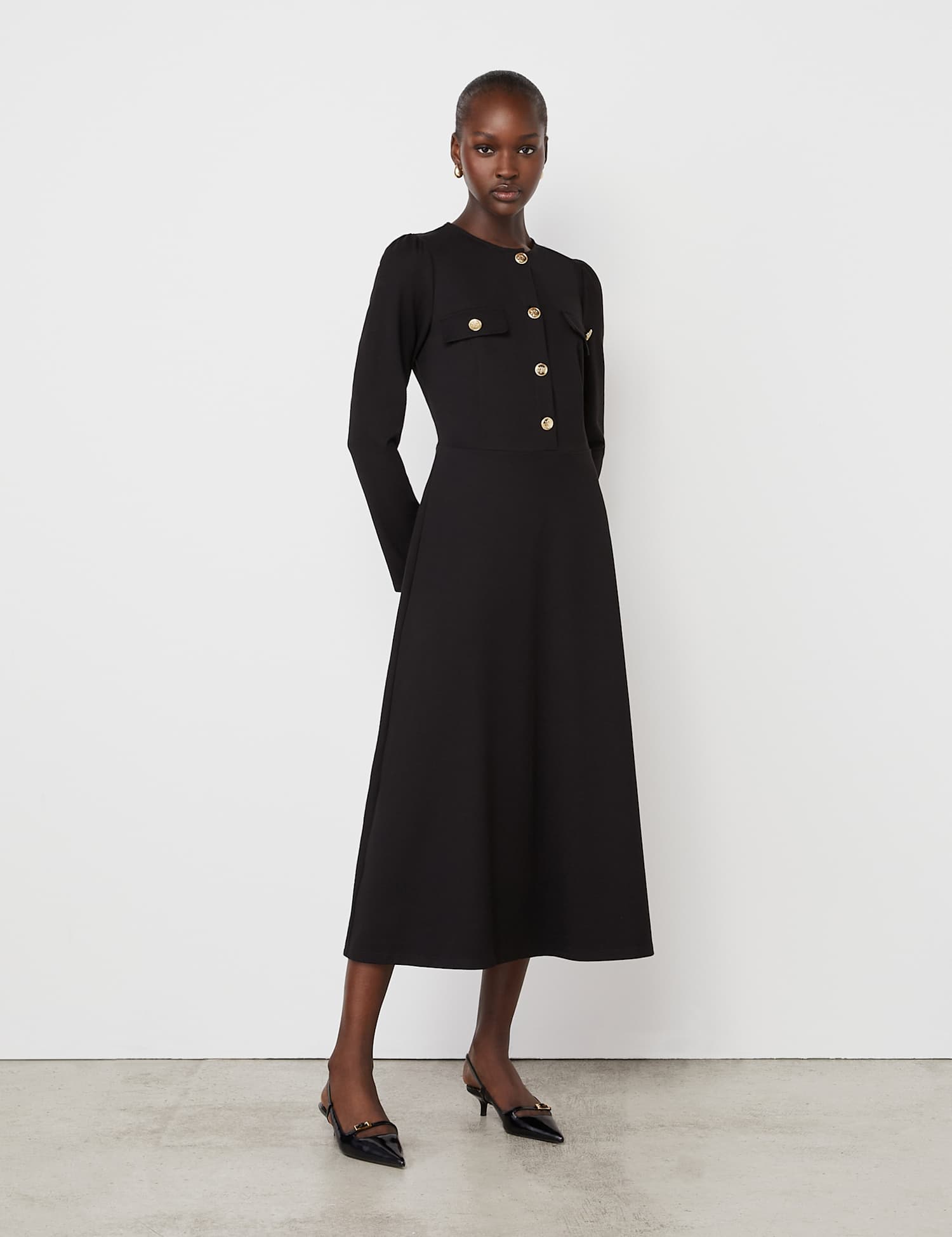 Finery London Ponte Jersey Button Front Midi Dress Black