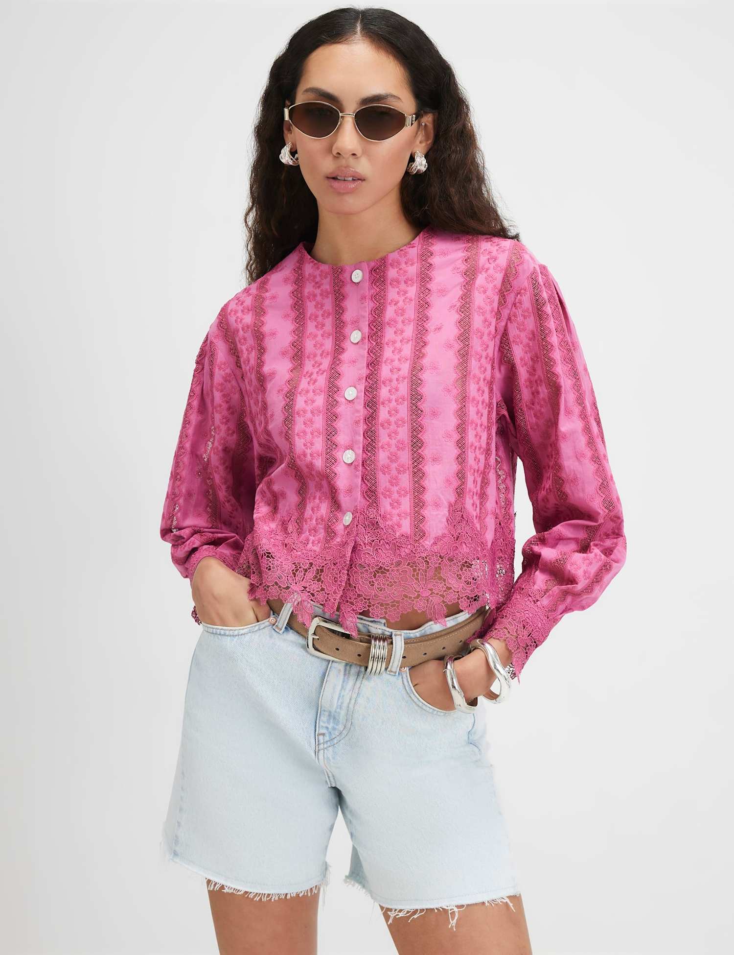 River Island Cotton Blend Lace Trim Button Through Blouse Pink