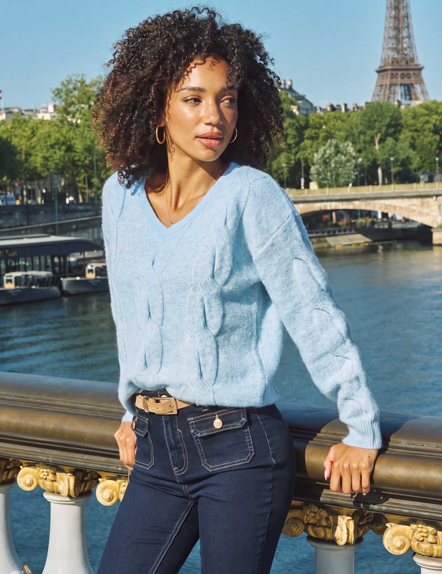 SOSANDAR Cable Knit V Neck Relaxed Jumper Pale Blue